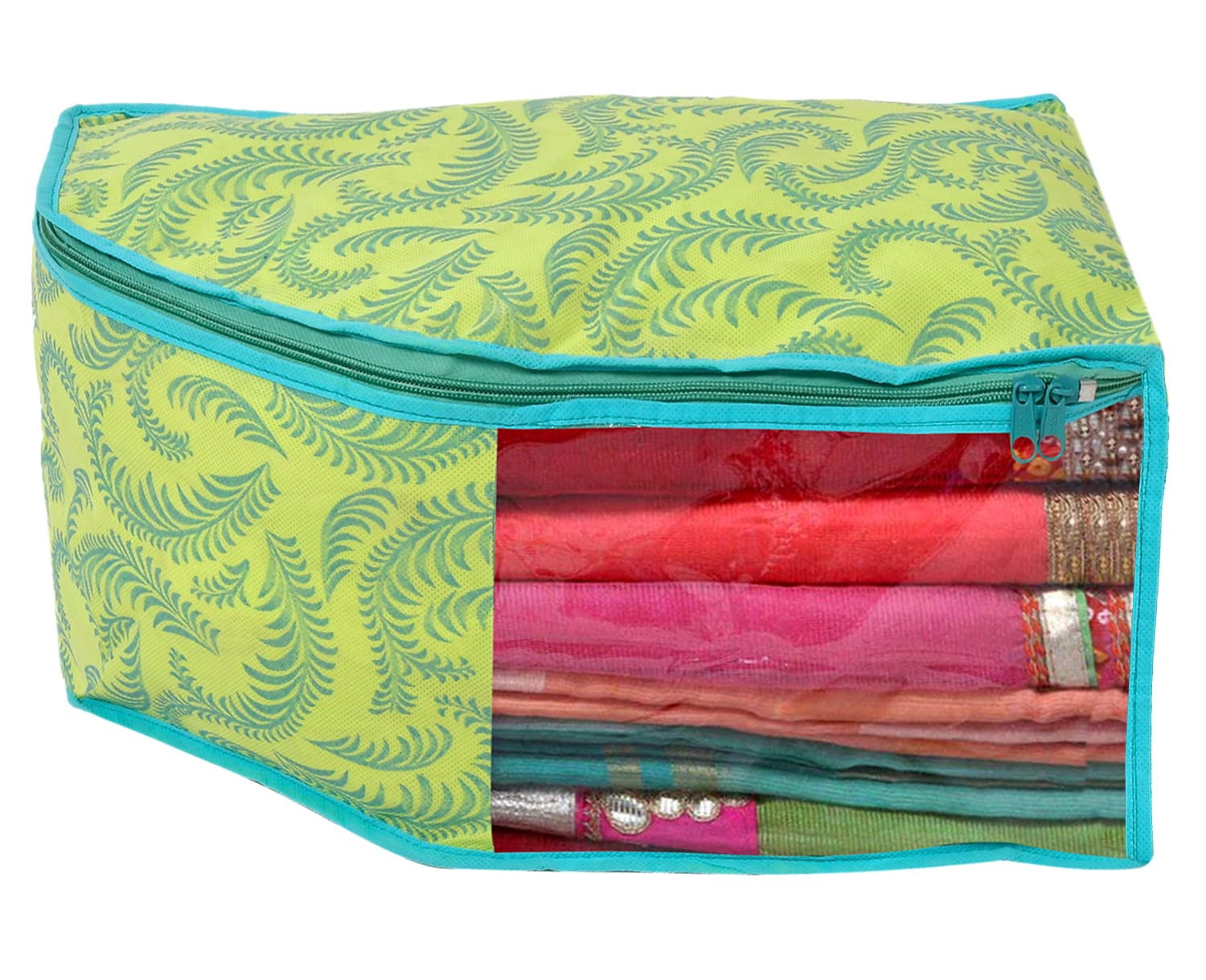 Leaf Printed Non-Woven Blouse CoverOrganizer With Front Window- Pack of 3 Green-44KM0529