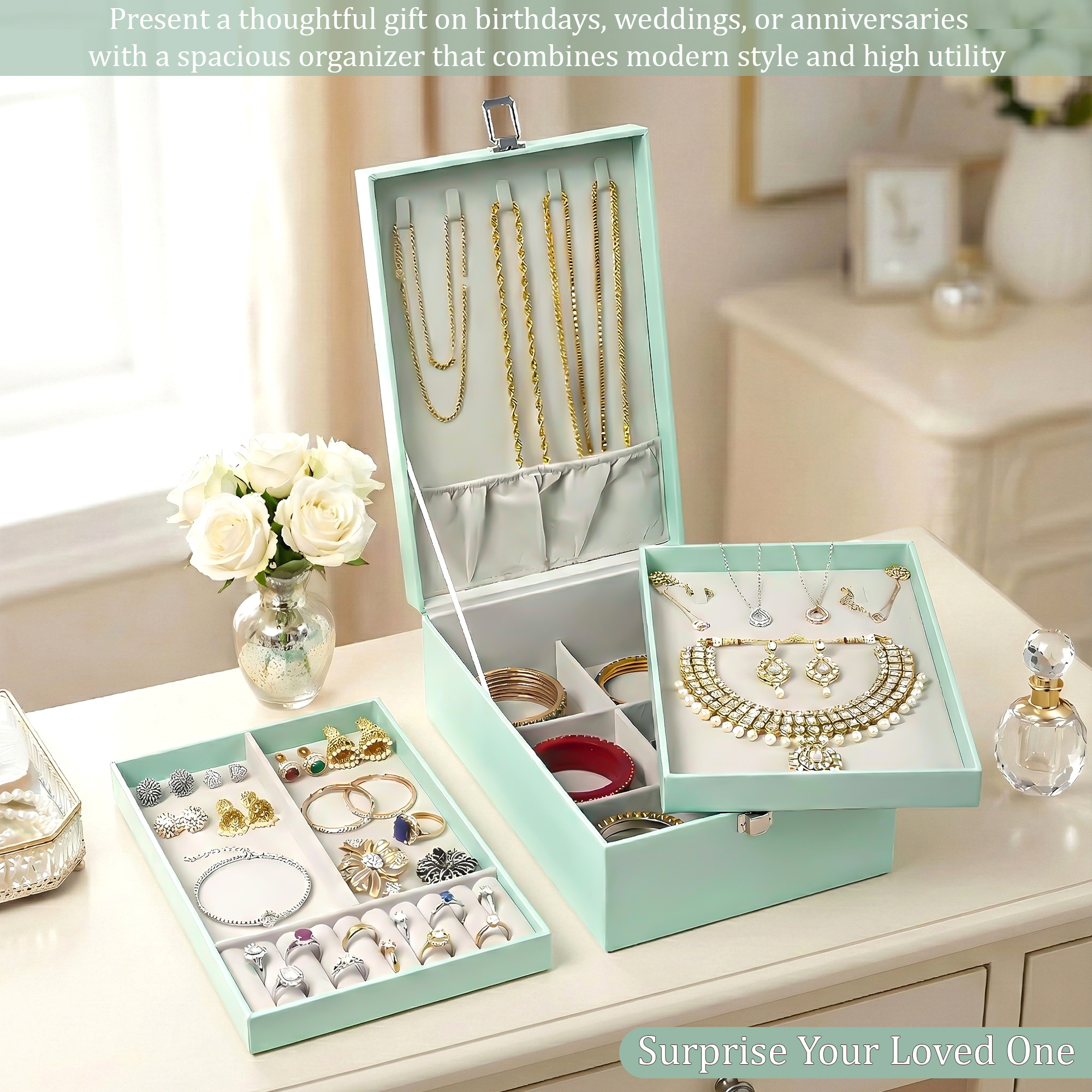 Leather 2-Tier Jewellery Organizer Box for Girls  Multi-Compartment Jewelry Storage Case for SunglassesBraceletsWatches  Pista Green