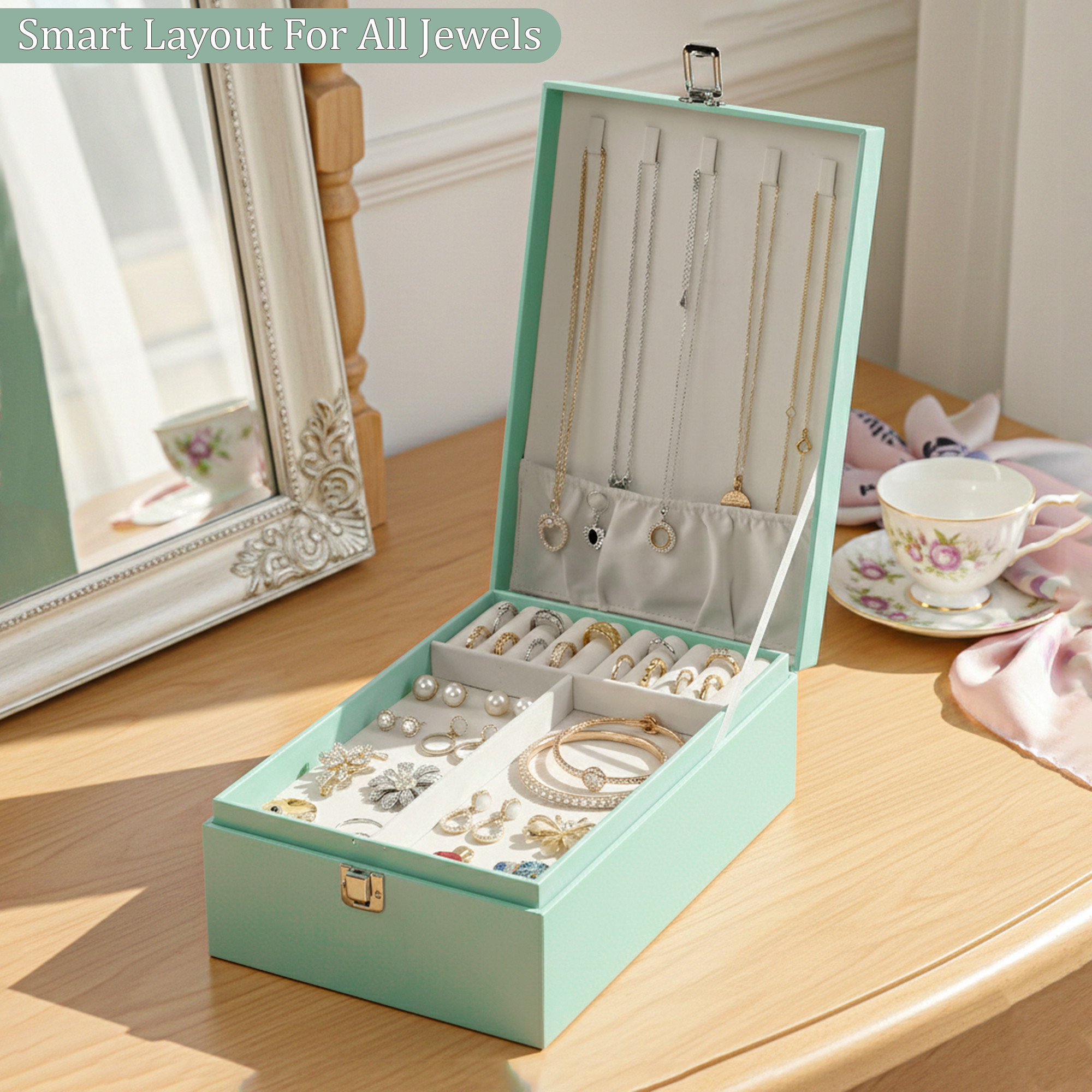 Leather 2-Tier Jewellery Organizer Box for Girls  Multi-Compartment Jewelry Storage Case for SunglassesBraceletsWatches  Pista Green