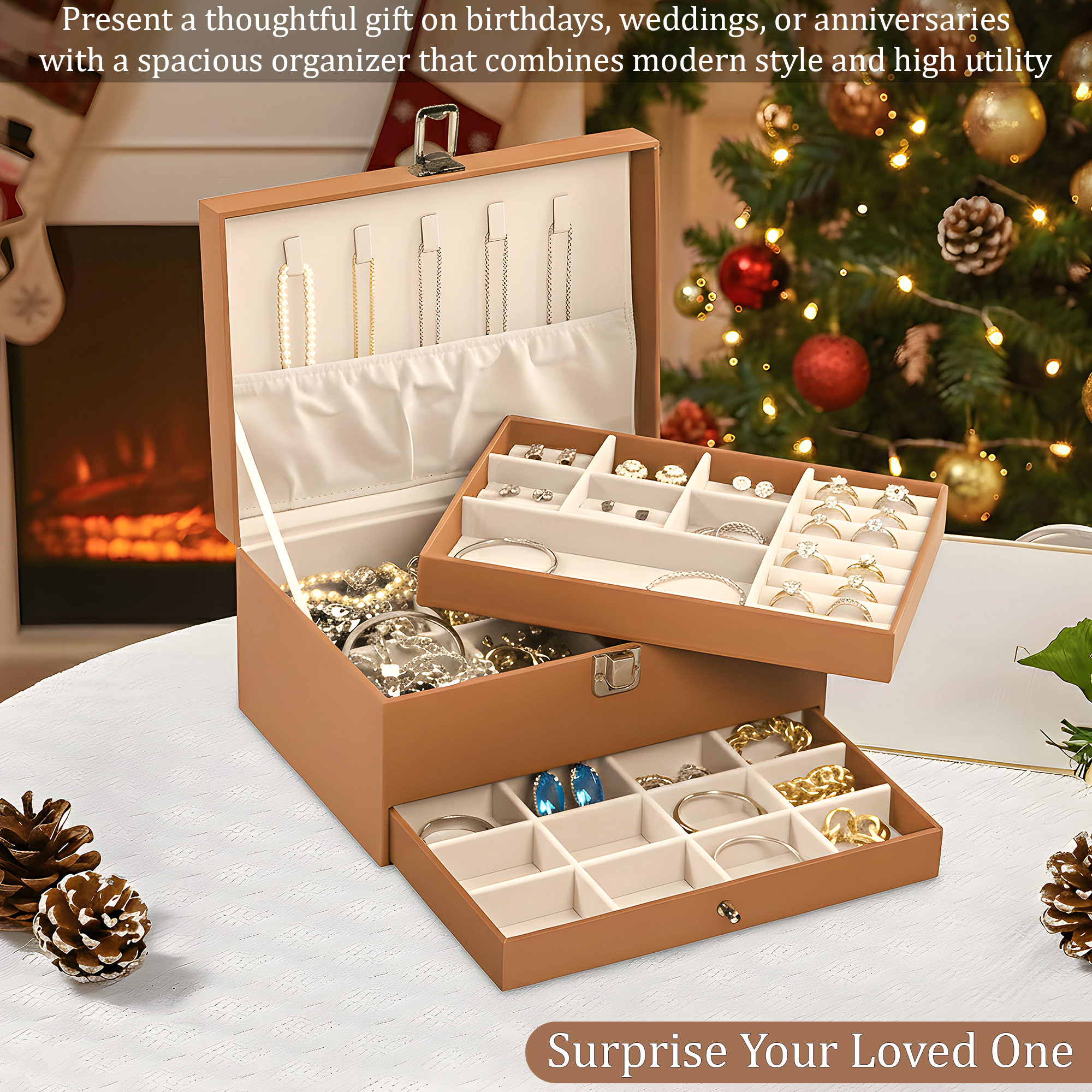 Leather 2-Tier Jewellery Organizer Box for Girls  Multi-Compartment Jewelry Storage Case for SunglassesBraceletsWatches  Brown