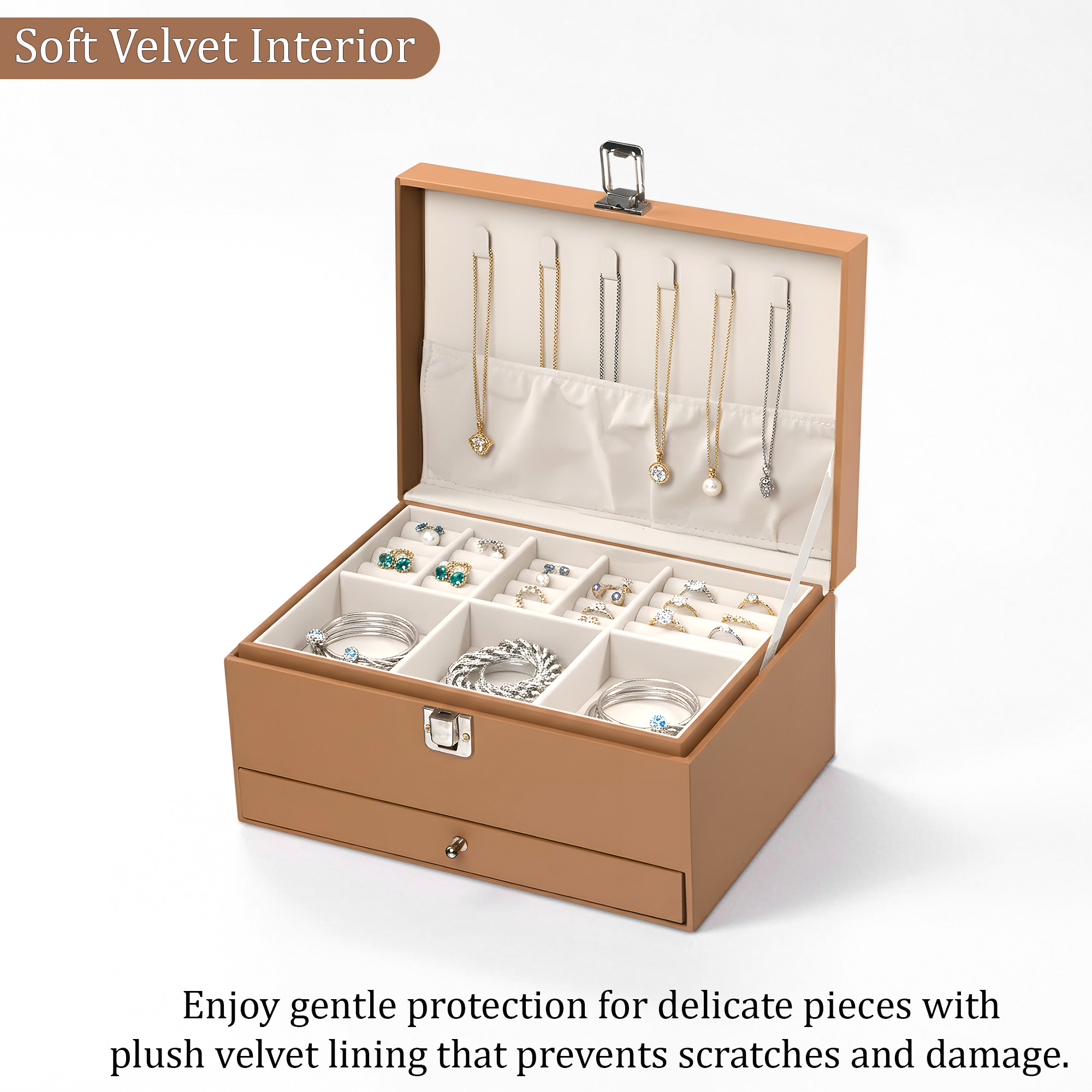 Leather 2-Tier Jewellery Organizer Box for Girls  Multi-Compartment Jewelry Storage Case for SunglassesBraceletsWatches  Brown