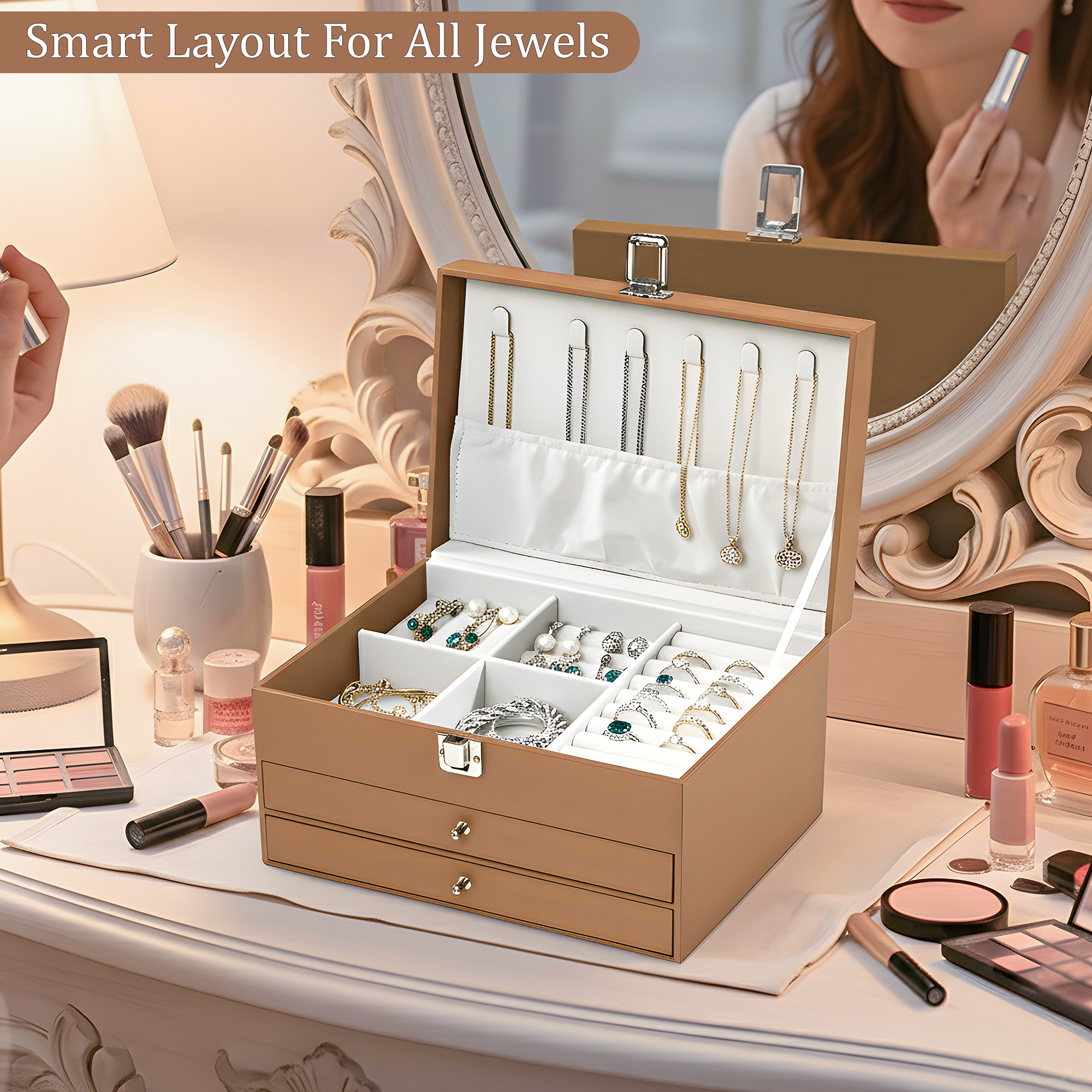 Leather 2-Tier Jewellery Organizer Box for Girls  Multi-Compartment Jewelry Storage Case for SunglassesBraceletsWatches  Brown