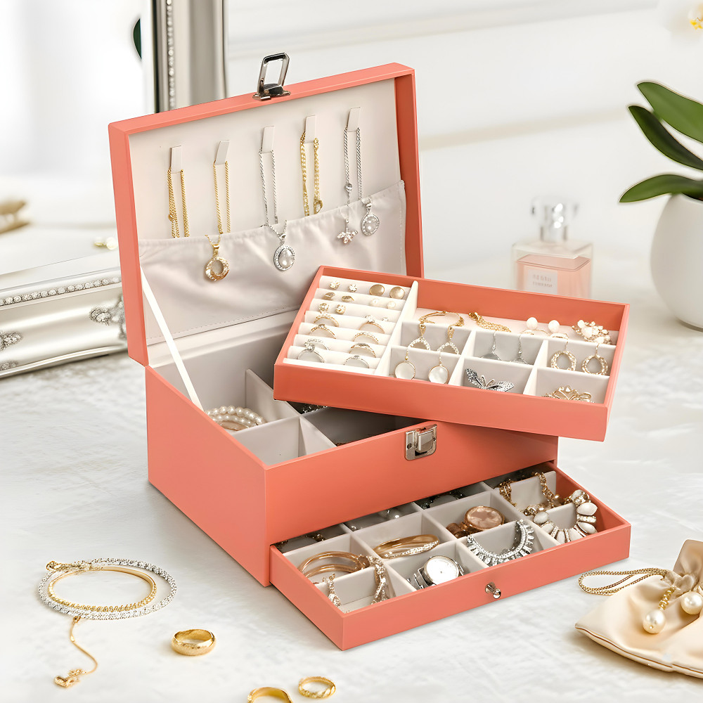 Image of Leather 2-Tier Jewellery Organizer Box for Girls | Multi-Compartment Jewelry Storage Case for Sunglasses/Bracelets/Watches | Peach
