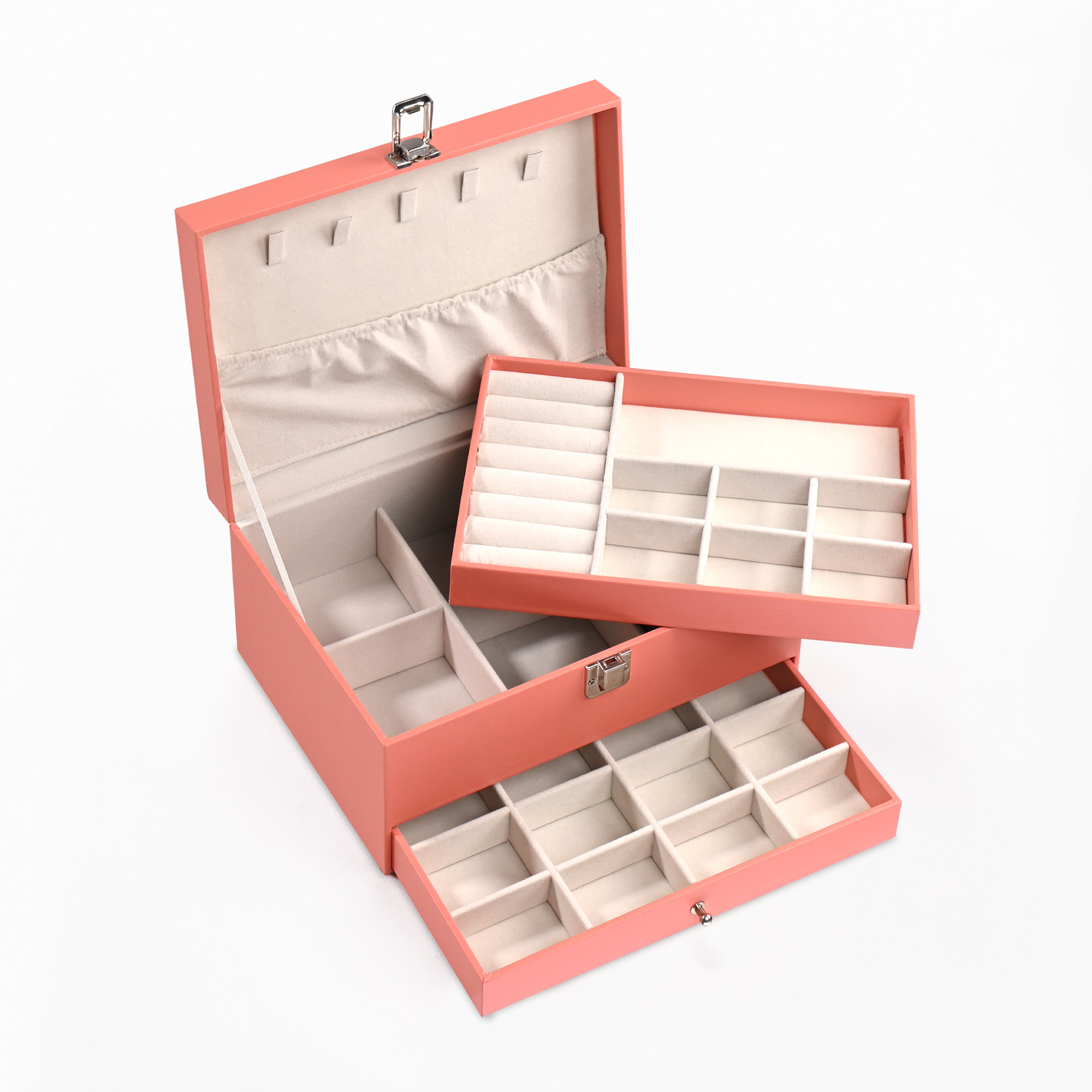 Leather 2-Tier Jewellery Organizer Box for Girls  Multi-Compartment Jewelry Storage Case for SunglassesBraceletsWatches  Peach