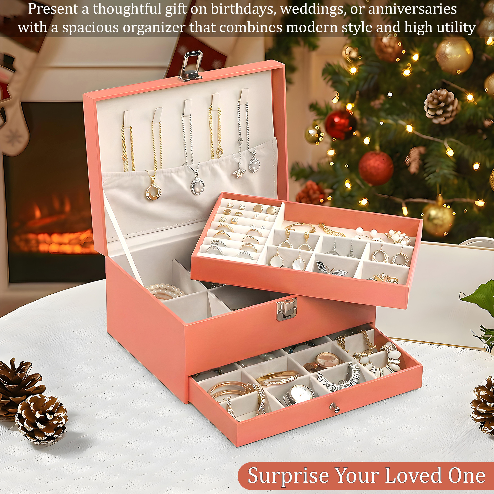 Leather 2-Tier Jewellery Organizer Box for Girls  Multi-Compartment Jewelry Storage Case for SunglassesBraceletsWatches  Peach