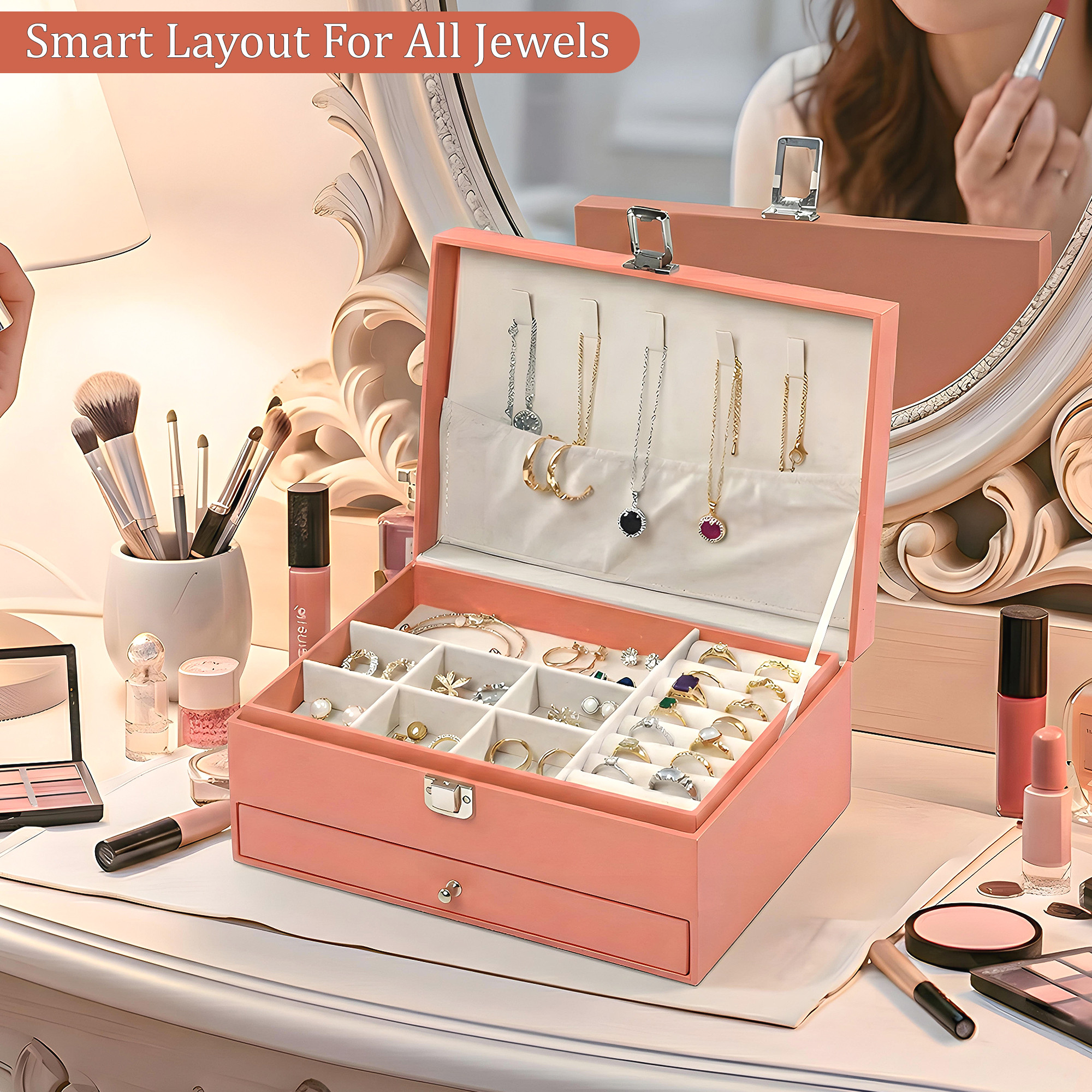 Leather 2-Tier Jewellery Organizer Box for Girls  Multi-Compartment Jewelry Storage Case for SunglassesBraceletsWatches  Peach