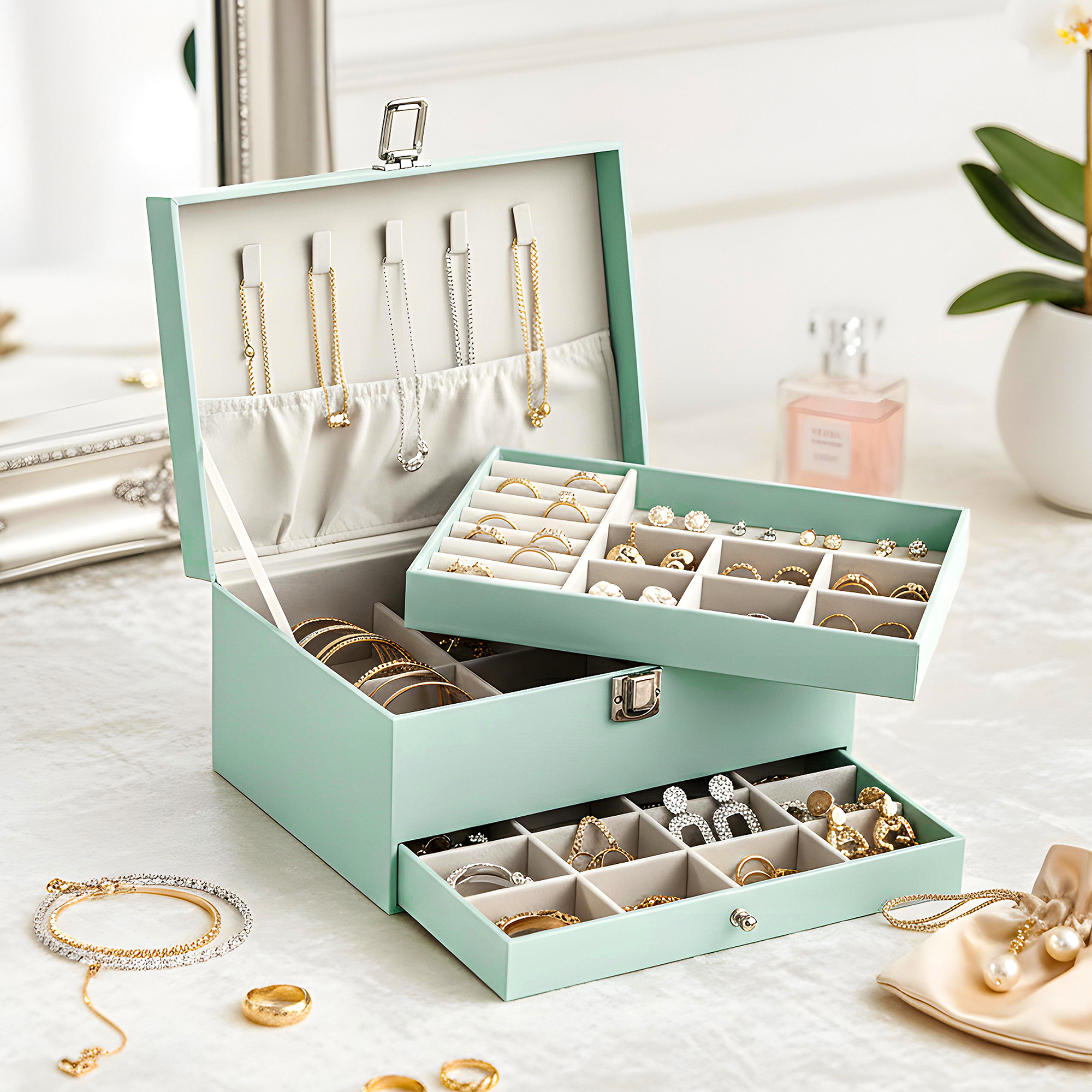 Leather 2-Tier Jewellery Organizer Box for Girls  Multi-Compartment Jewelry Storage Case for SunglassesBraceletsWatches  Pista Green