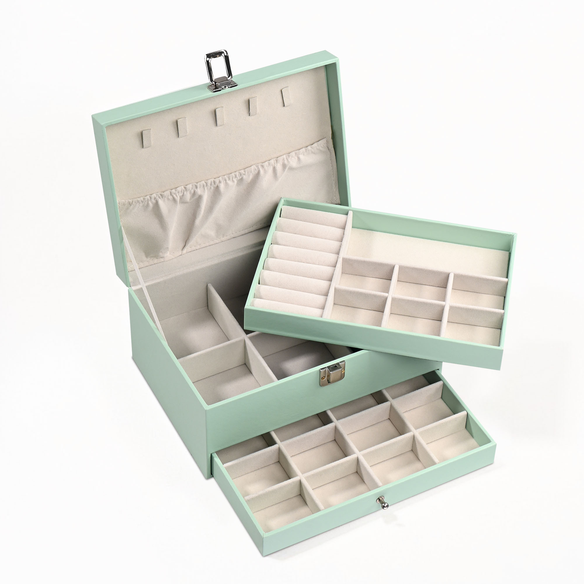 Leather 2-Tier Jewellery Organizer Box for Girls  Multi-Compartment Jewelry Storage Case for SunglassesBraceletsWatches  Pista Green