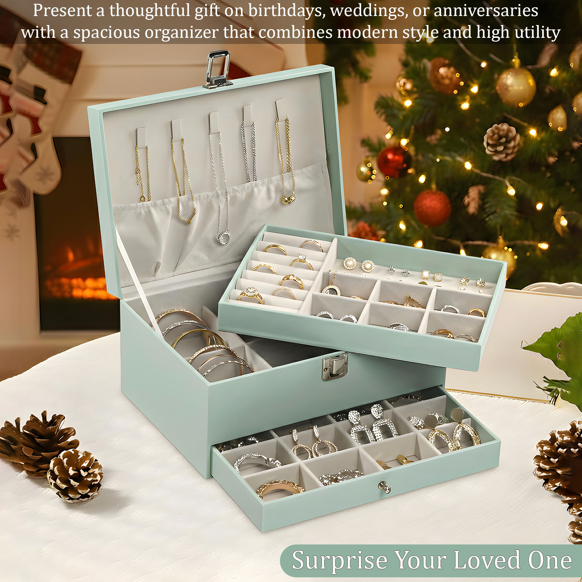 Leather 2-Tier Jewellery Organizer Box for Girls  Multi-Compartment Jewelry Storage Case for SunglassesBraceletsWatches  Pista Green