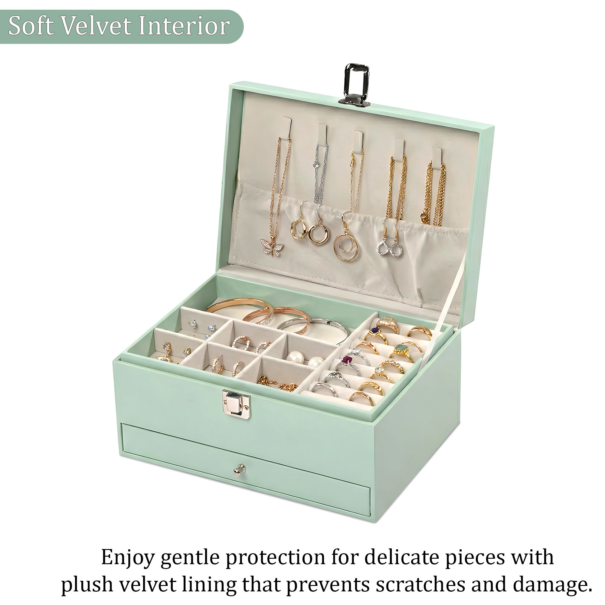 Leather 2-Tier Jewellery Organizer Box for Girls  Multi-Compartment Jewelry Storage Case for SunglassesBraceletsWatches  Pista Green