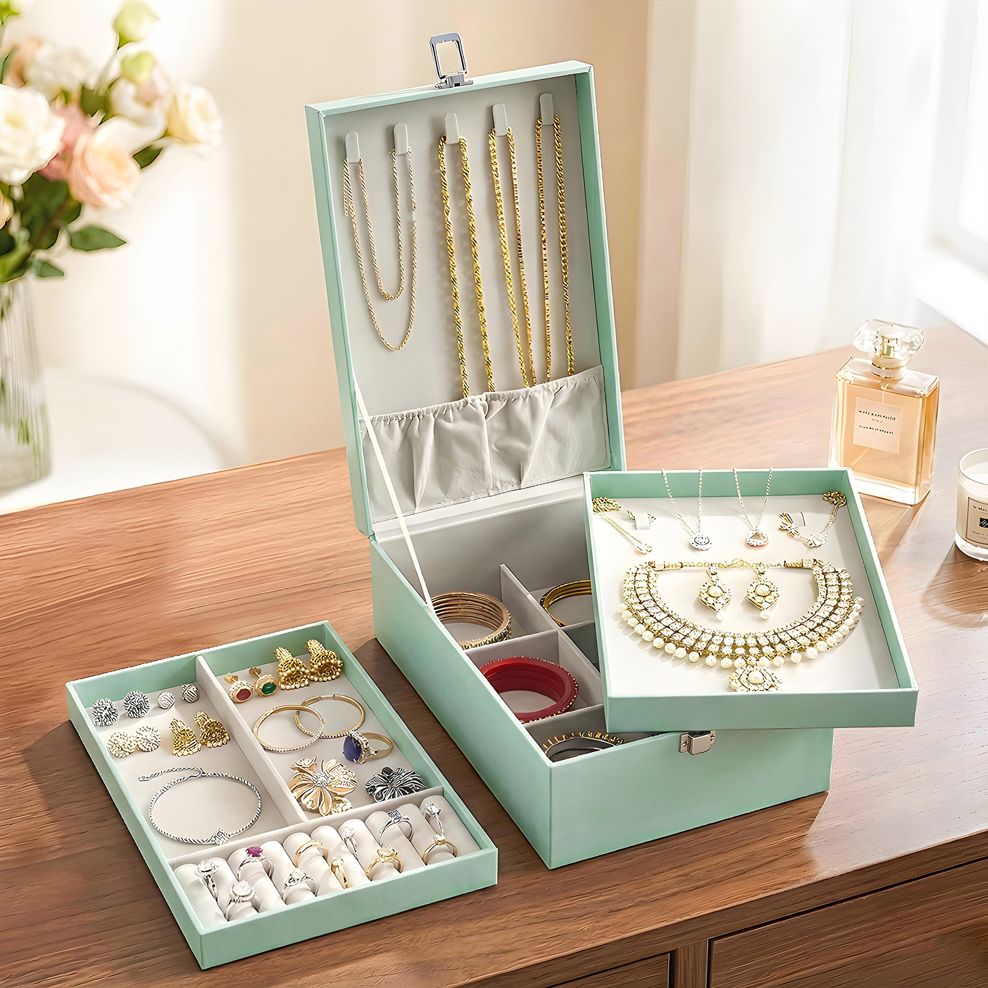 Leather 2-Tier Jewellery Organizer Box for Girls  Multi-Compartment Jewelry Storage Case for SunglassesBraceletsWatches  Pista Green