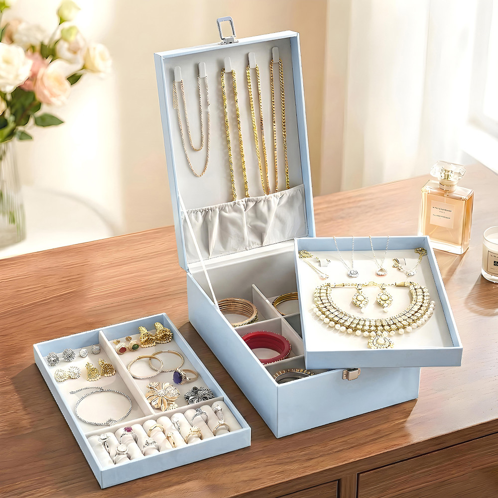 Image of Leather 3-Tier Jewellery Storage Box for Women &amp; Girls | Multi-Compartment Jewelry Organizer/Case for Necklace/Ring/Earring | Sky Blue