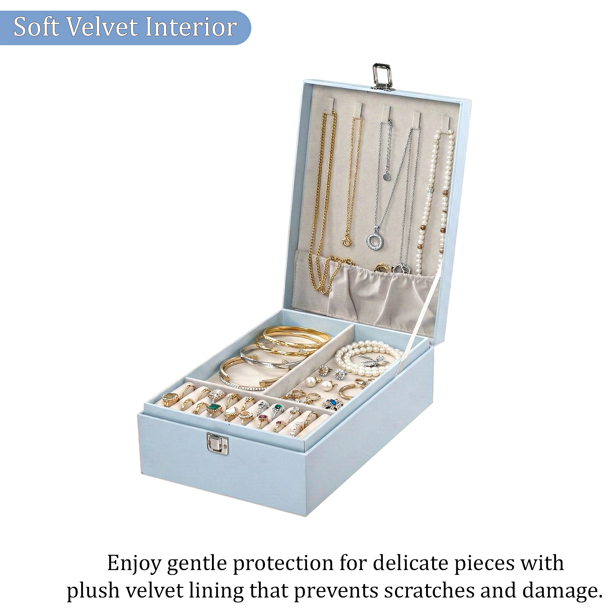 Leather 3-Tier Jewellery Storage Box for Women  Girls  Multi-Compartment Jewelry OrganizerCase for NecklaceRingEarring  Sky Blue