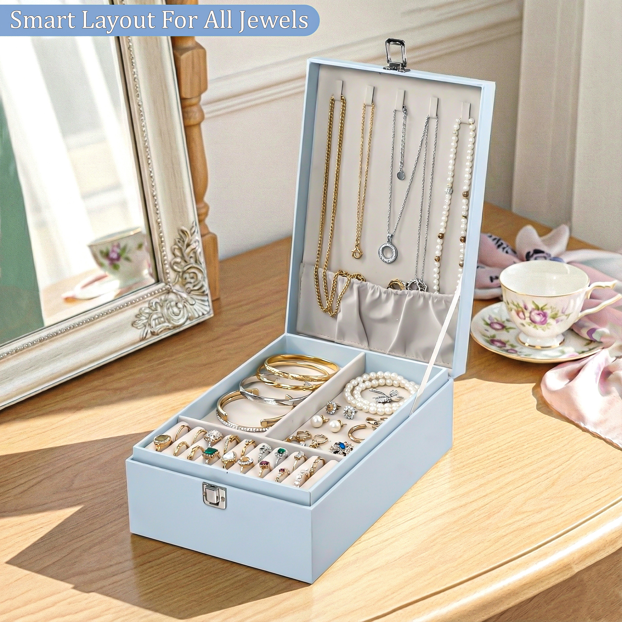 Leather 3-Tier Jewellery Storage Box for Women  Girls  Multi-Compartment Jewelry OrganizerCase for NecklaceRingEarring  Sky Blue