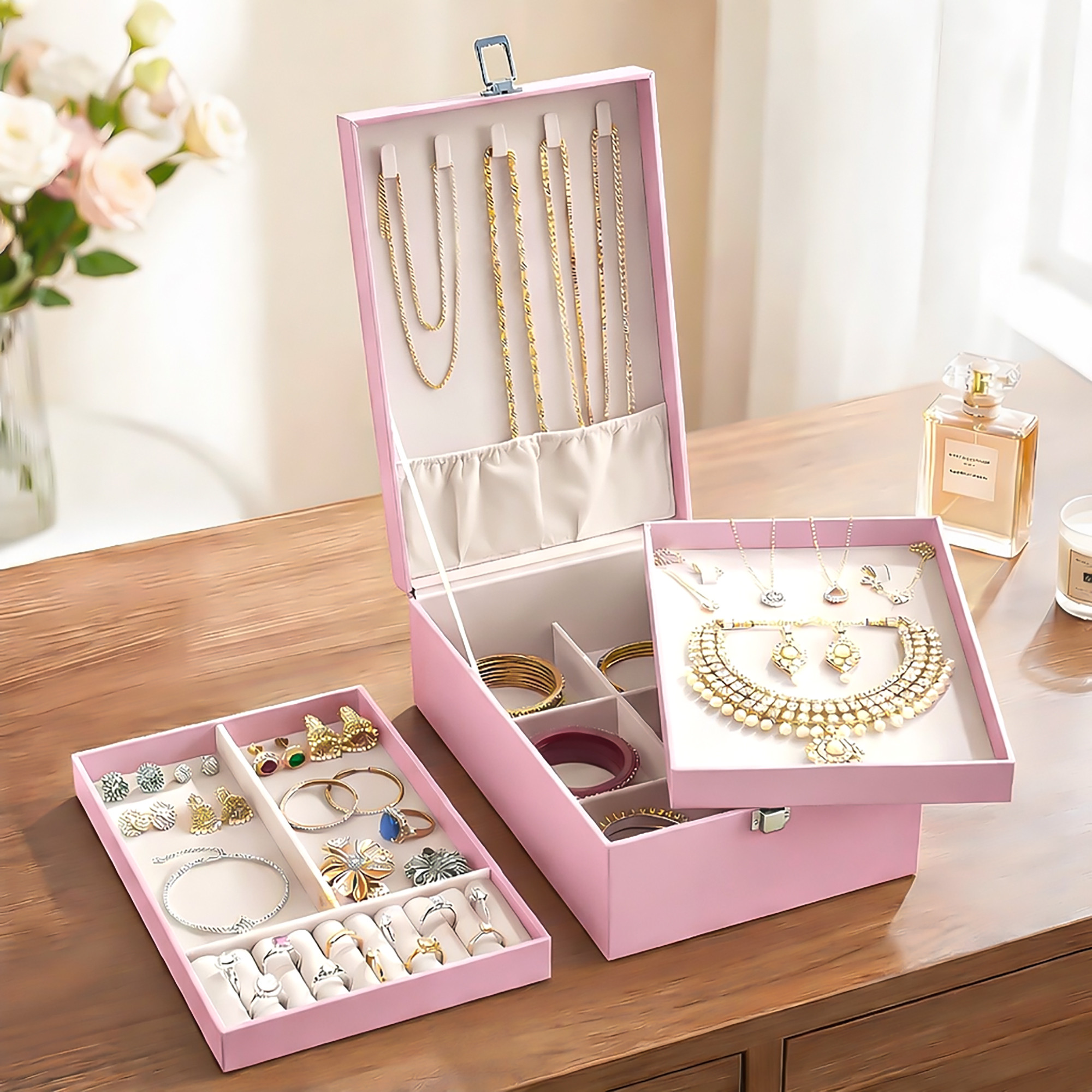 Leather 3-Tier Jewellery Storage Box for Women  Girls  Multi-Compartment Jewelry OrganizerCase for NecklaceRingEarring  Pink