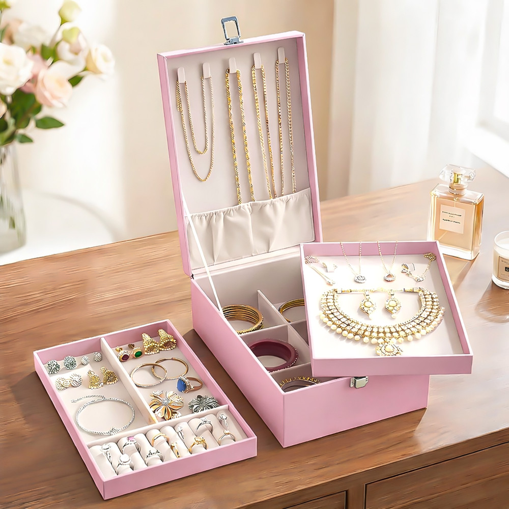 Image of Leather 3-Tier Jewellery Storage Box for Women &amp; Girls | Multi-Compartment Jewelry Organizer/Case for Necklace/Ring/Earring | Pink