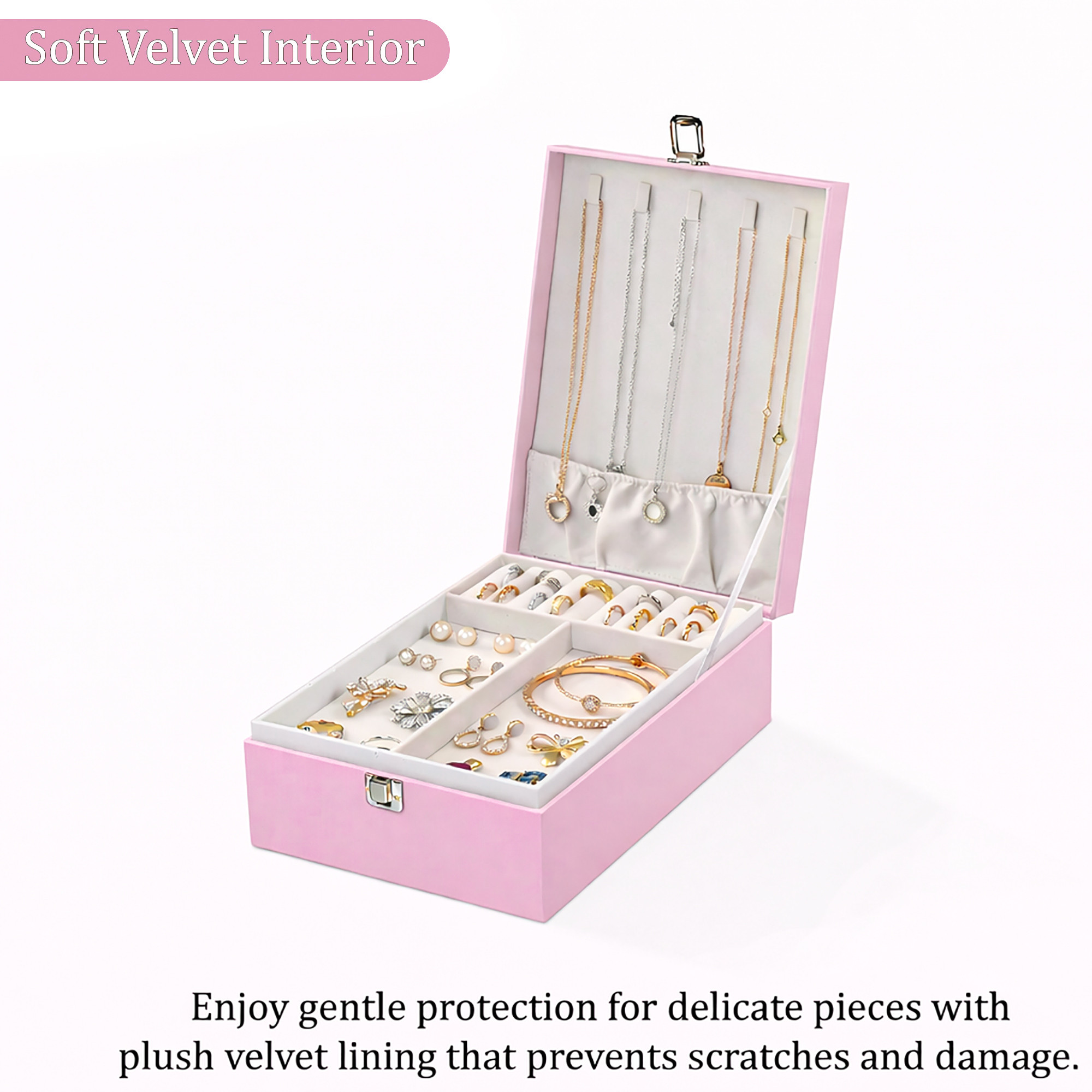 Leather 3-Tier Jewellery Storage Box for Women  Girls  Multi-Compartment Jewelry OrganizerCase for NecklaceRingEarring  Pink
