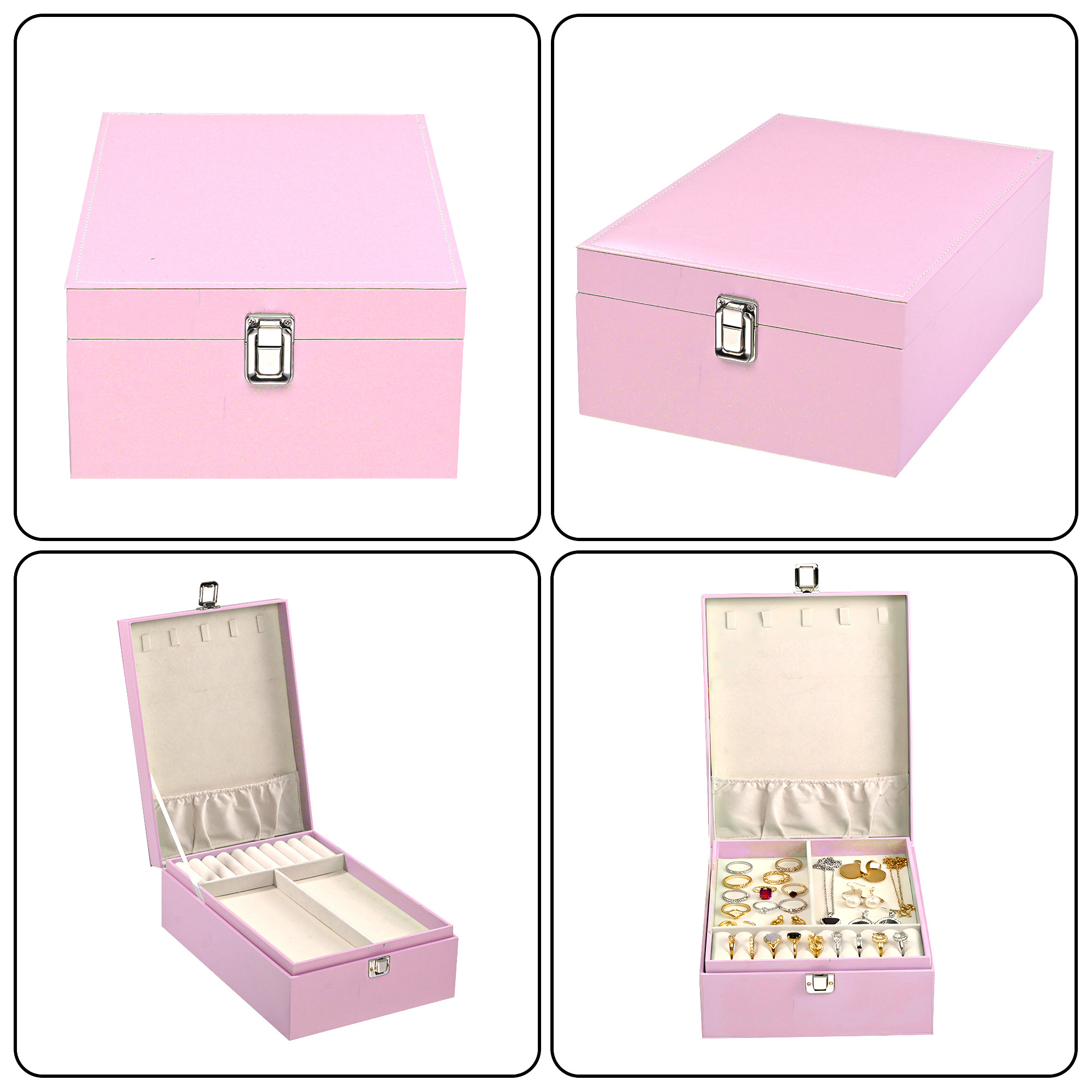 Leather 3-Tier Jewellery Storage Box for Women  Girls  Multi-Compartment Jewelry OrganizerCase for NecklaceRingEarring  Pink