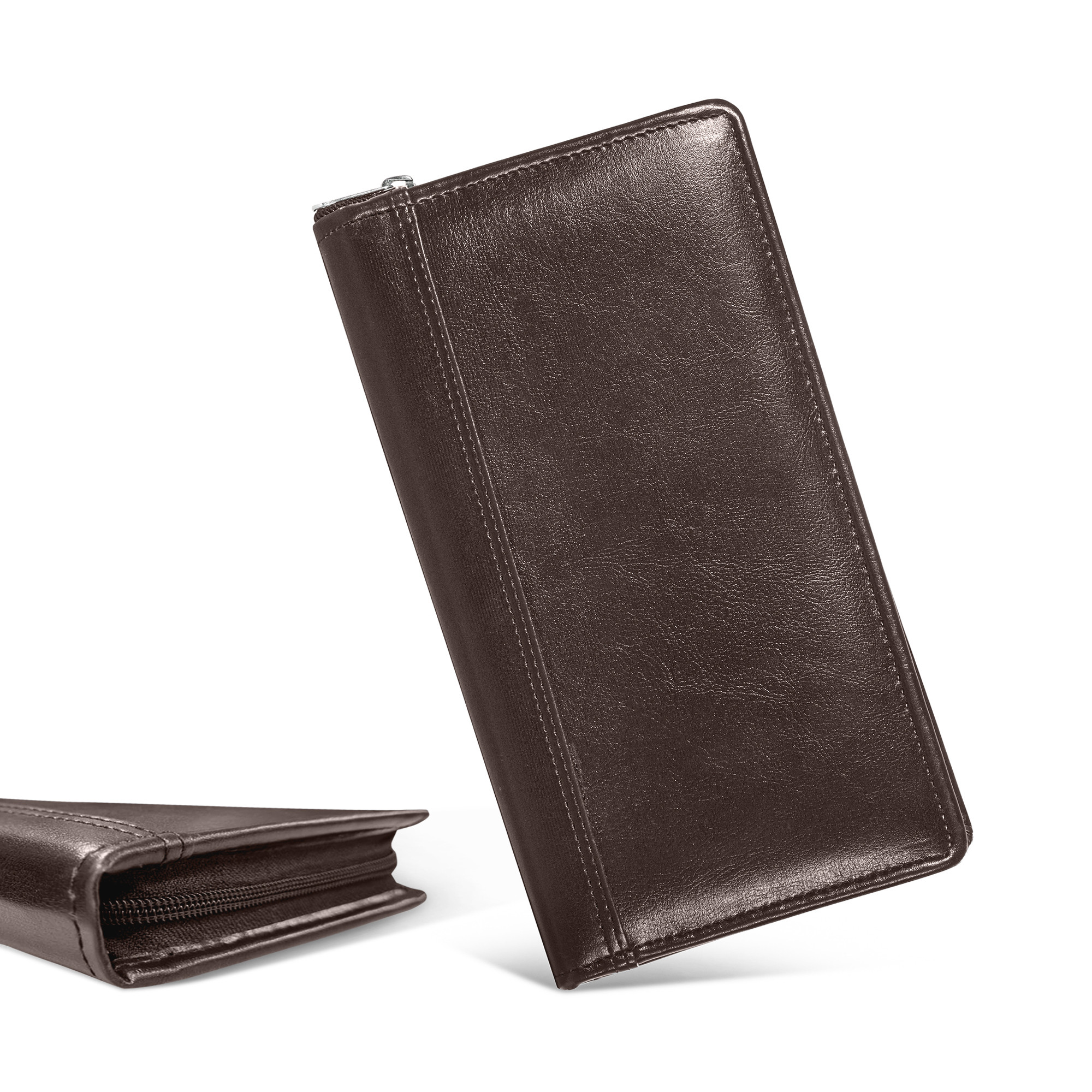 Leather Cheque Book Holder with Zip Closure  Multi-compartment Pen SlotCashCheckbookWallet  Card Pockets for Office and Personal Use  Dark Brown