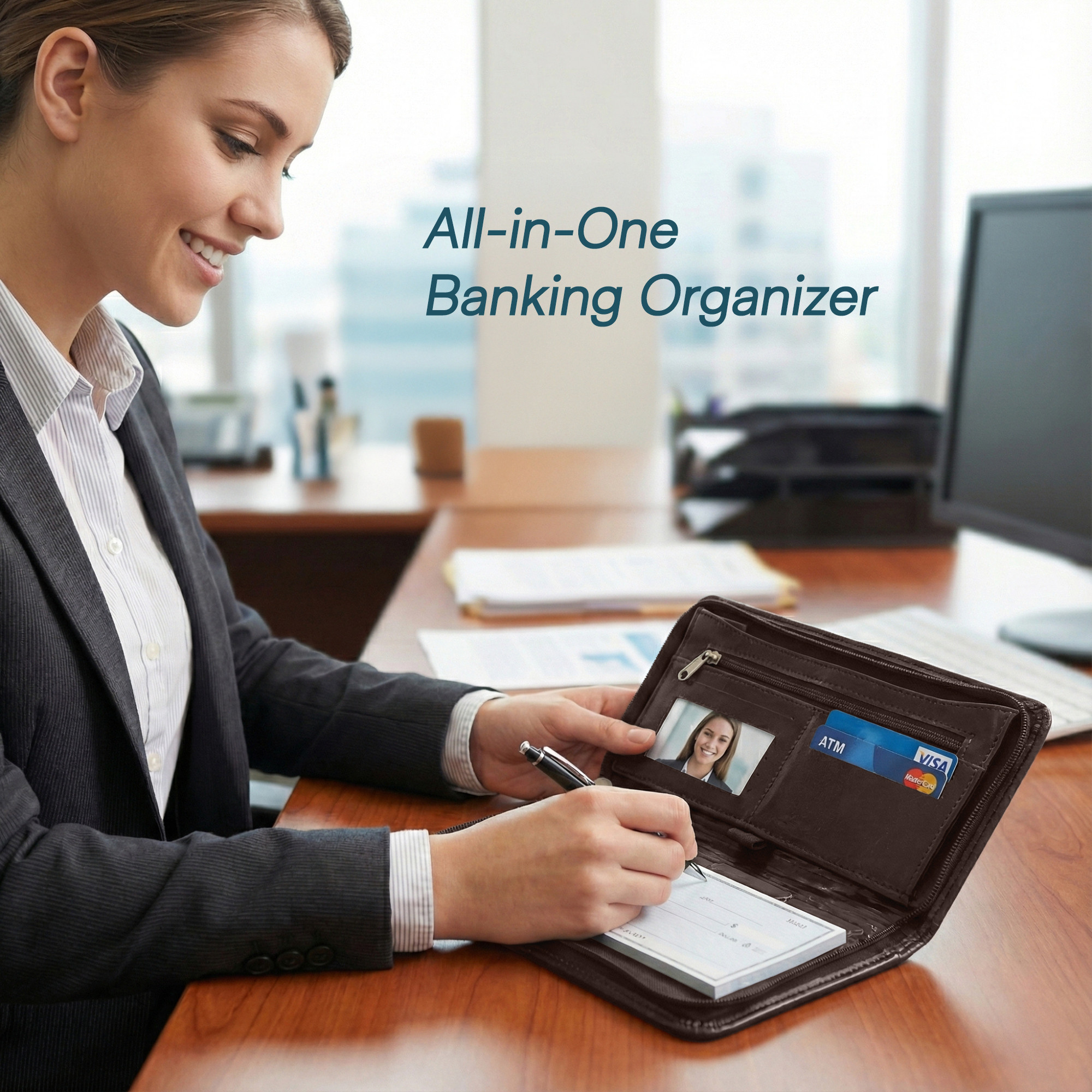 Leather Cheque Book Holder with Zip Closure  Multi-compartment Pen SlotCashCheckbookWallet  Card Pockets for Office and Personal Use  Dark Brown