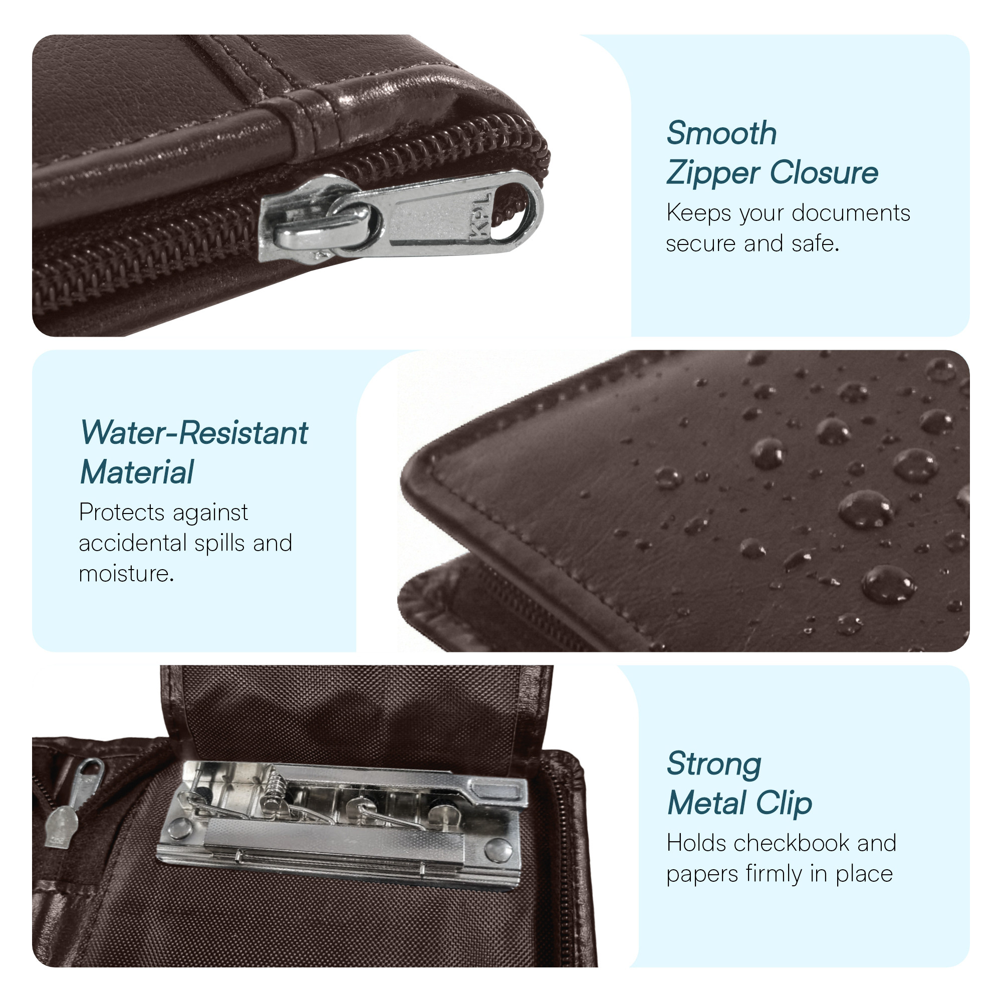 Leather Cheque Book Holder with Zip Closure  Multi-compartment Pen SlotCashCheckbookWallet  Card Pockets for Office and Personal Use  Dark Brown