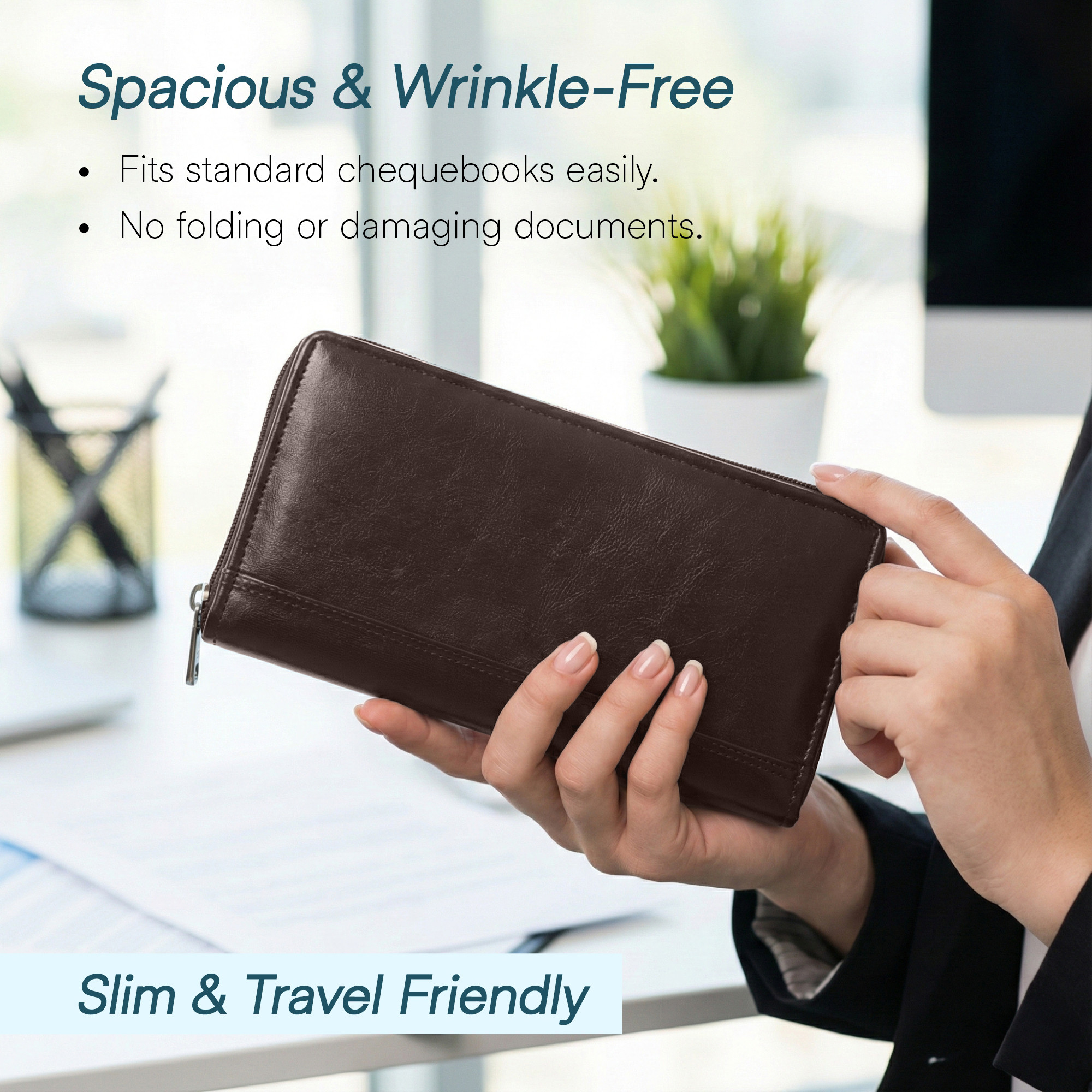 Leather Cheque Book Holder with Zip Closure  Multi-compartment Pen SlotCashCheckbookWallet  Card Pockets for Office and Personal Use  Dark Brown