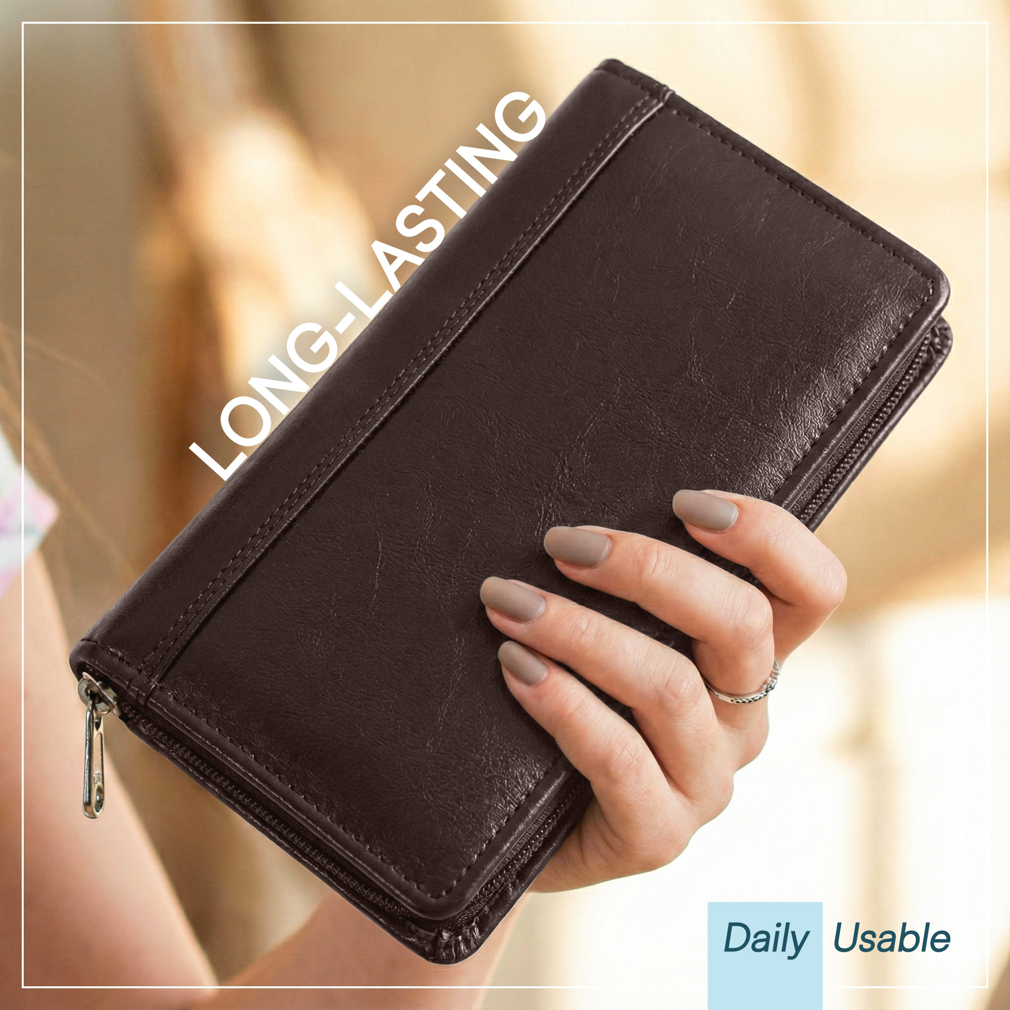 Leather Cheque Book Holder with Zip Closure  Multi-compartment Pen SlotCashCheckbookWallet  Card Pockets for Office and Personal Use  Dark Brown