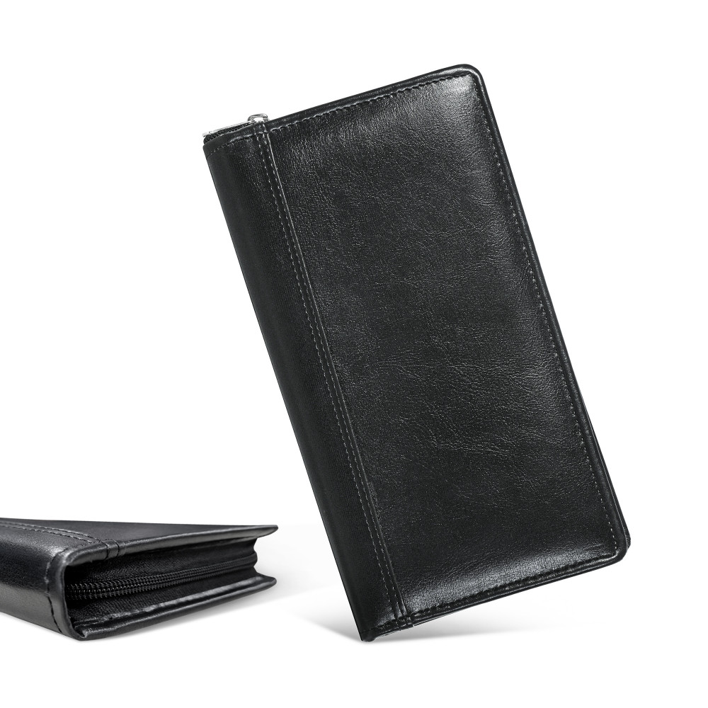 Image of Leather Cheque Book Holder with Zip Closure | Multi-compartment Pen Slot/Cash/Checkbook/Wallet &amp; Card Pockets for Office and Personal Use | Black