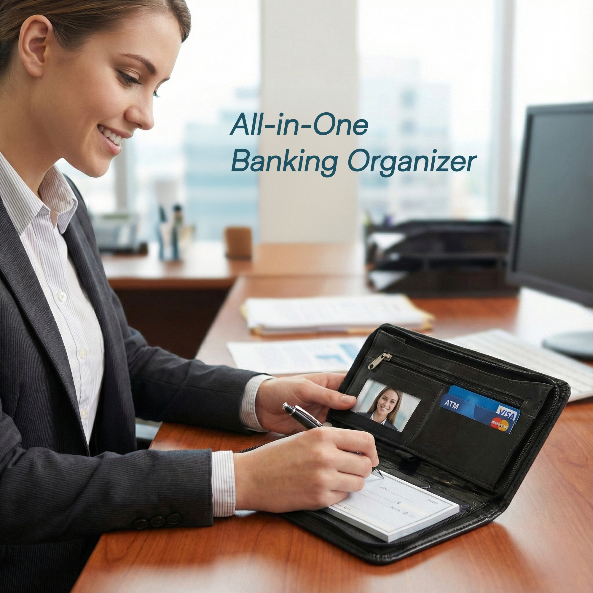 Leather Cheque Book Holder with Zip Closure  Multi-compartment Pen SlotCashCheckbookWallet  Card Pockets for Office and Personal Use  Black