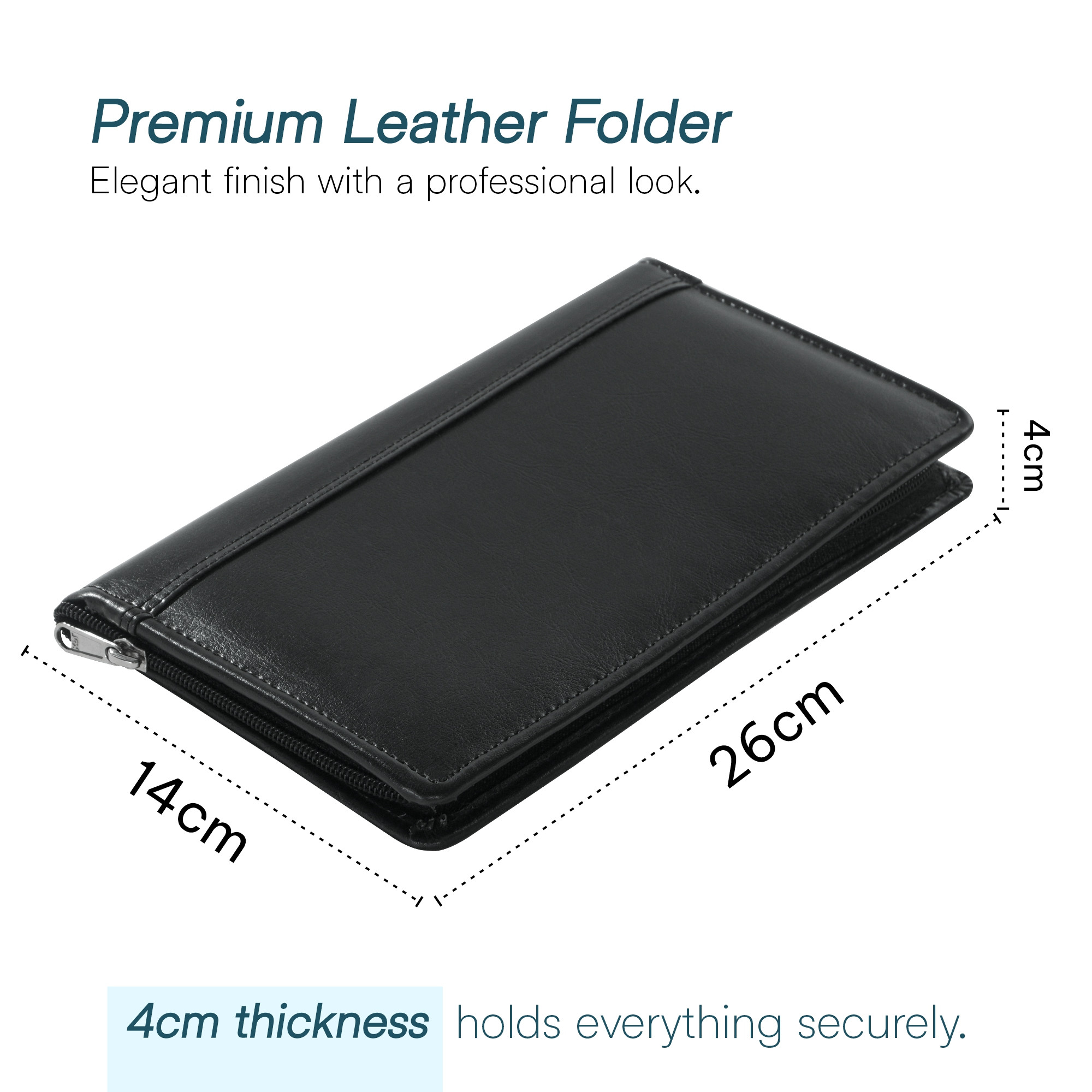 Leather Cheque Book Holder with Zip Closure  Multi-compartment Pen SlotCashCheckbookWallet  Card Pockets for Office and Personal Use  Black