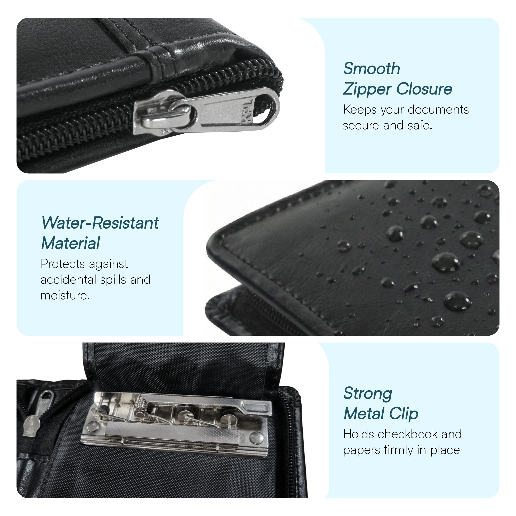 Leather Cheque Book Holder with Zip Closure  Multi-compartment Pen SlotCashCheckbookWallet  Card Pockets for Office and Personal Use  Black