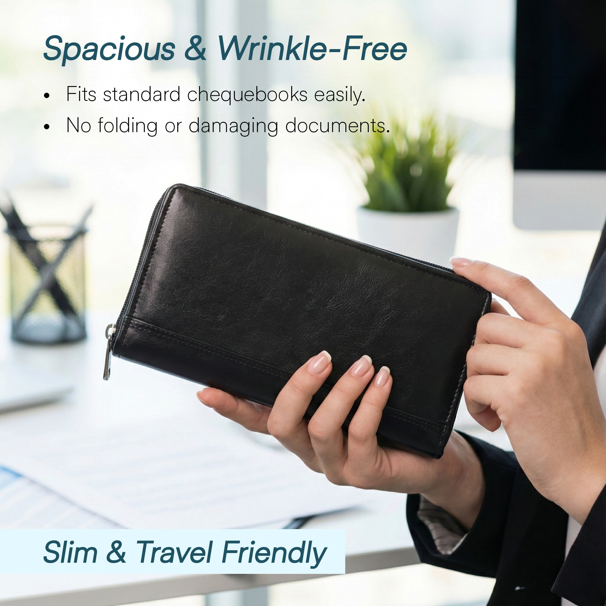 Leather Cheque Book Holder with Zip Closure  Multi-compartment Pen SlotCashCheckbookWallet  Card Pockets for Office and Personal Use  Black