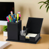 Leather Desk Organiser/Pen Stand with Card Holder | Ideal for Visiting Cards/Wallet/Sticky Notes | Stationery/Table Organizer | Black