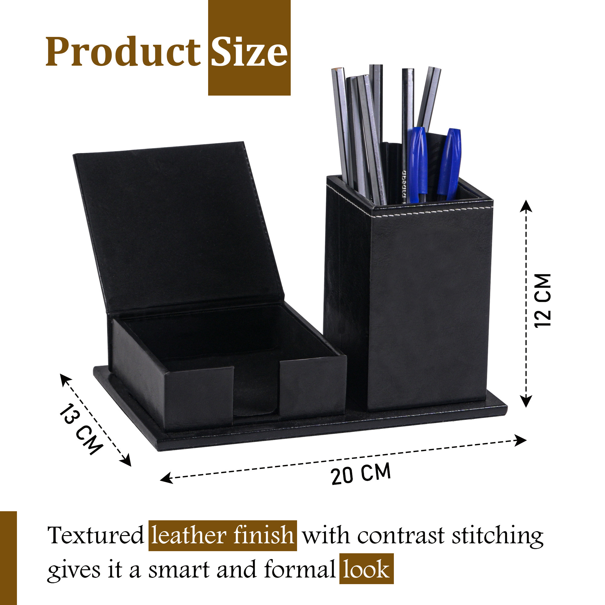 Leather Desk OrganiserPen Stand with Card Holder  Ideal for Visiting CardsWalletSticky Notes  StationeryTable Organizer  Black