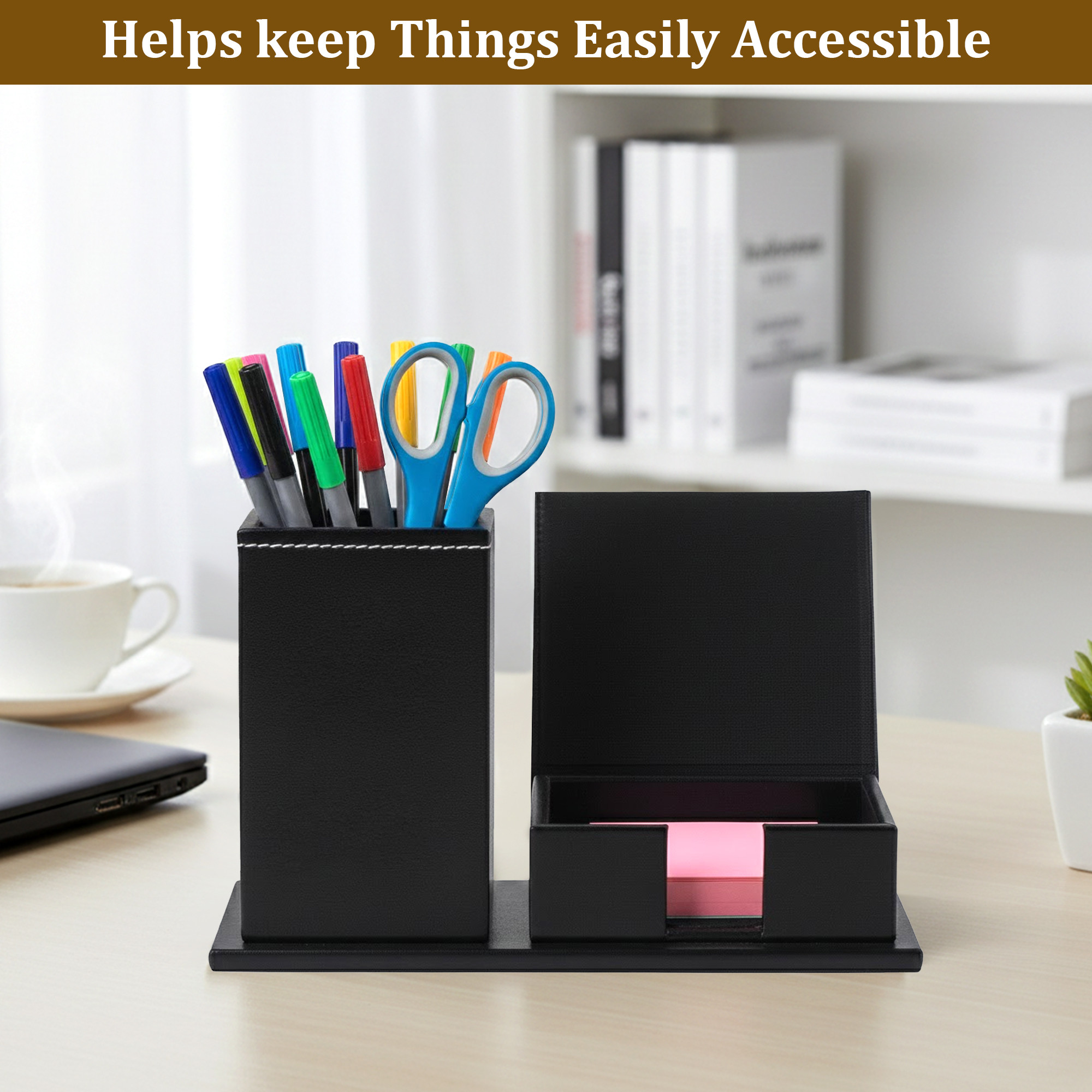 Leather Desk OrganiserPen Stand with Card Holder  Ideal for Visiting CardsWalletSticky Notes  StationeryTable Organizer  Black