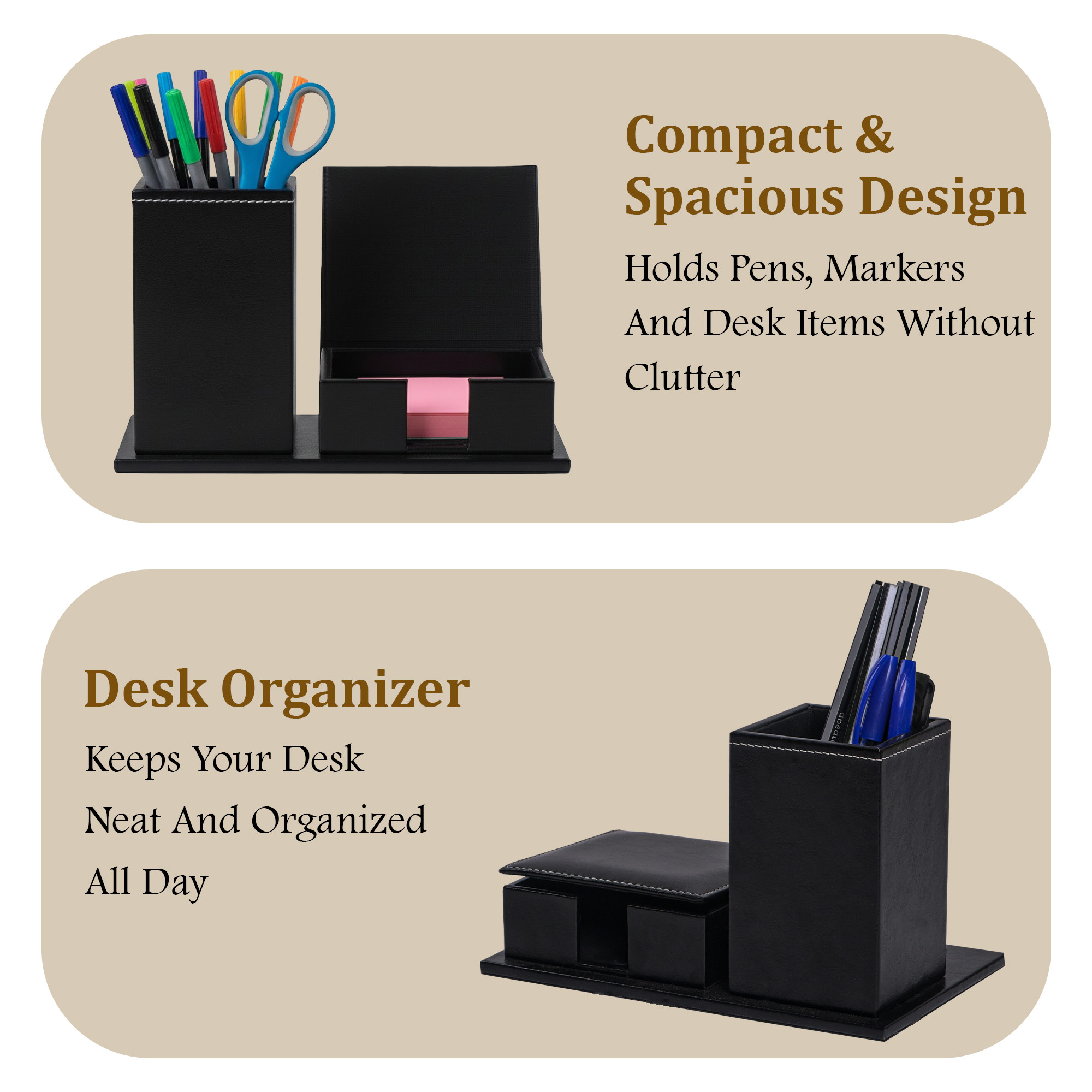 Leather Desk OrganiserPen Stand with Card Holder  Ideal for Visiting CardsWalletSticky Notes  StationeryTable Organizer  Black