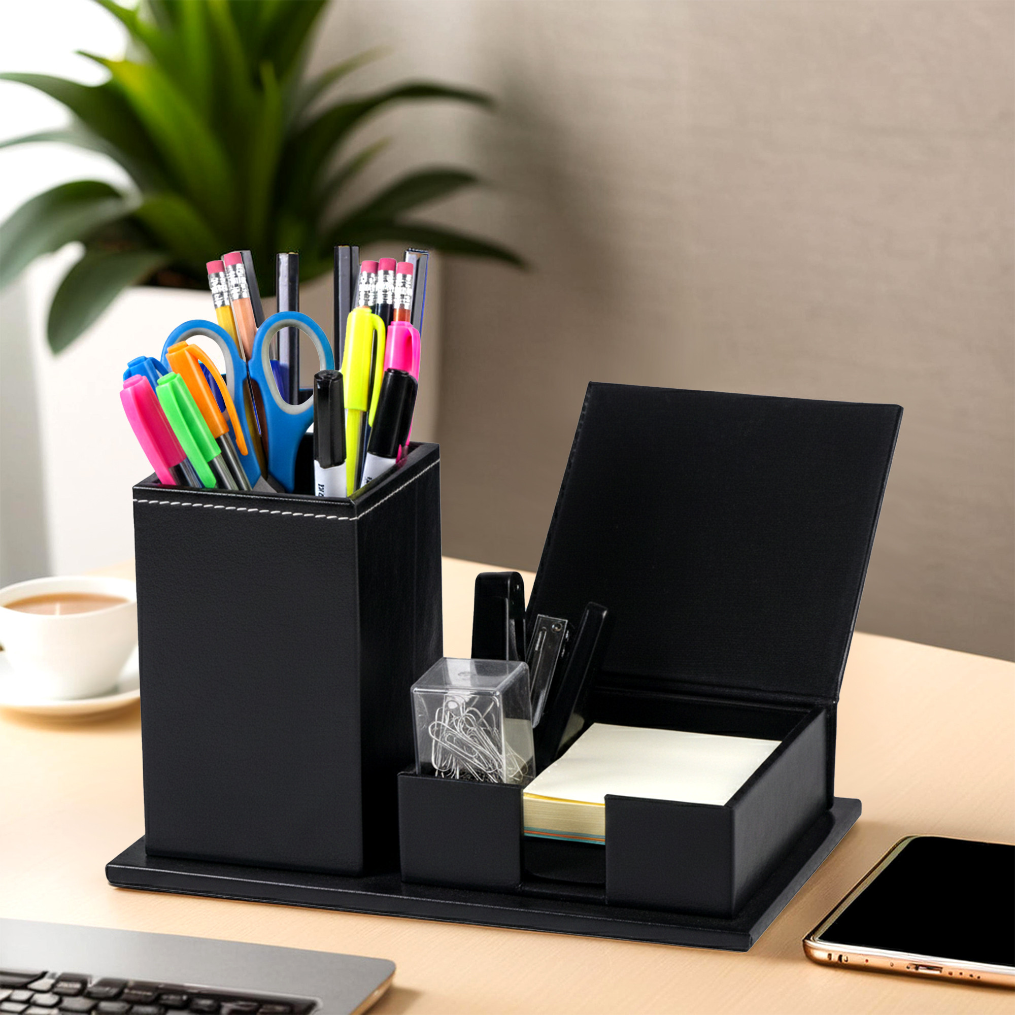 Leather Desk OrganiserPen Stand with Card Holder  Ideal for Visiting CardsWalletSticky Notes  StationeryTable Organizer  Black