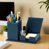 Leather Desk Organiser/Pen Stand with Card Holder | Ideal for Visiting Cards/Wallet/Sticky Notes | Stationery/Table Organizer | Blue