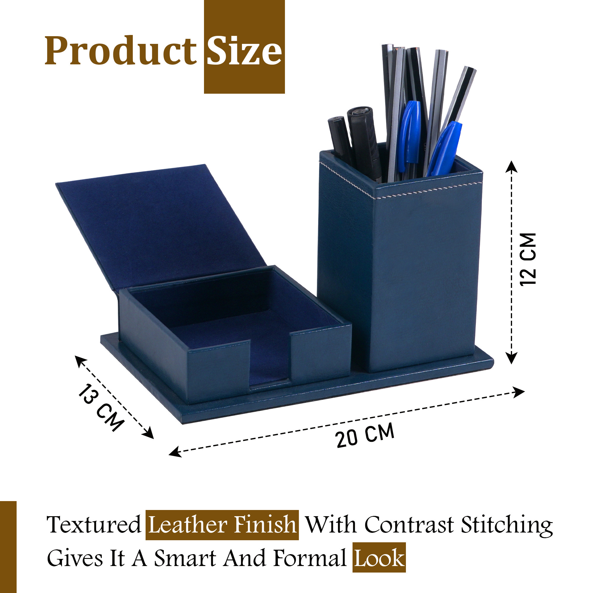 Leather Desk OrganiserPen Stand with Card Holder  Ideal for Visiting CardsWalletSticky Notes  StationeryTable Organizer  Blue