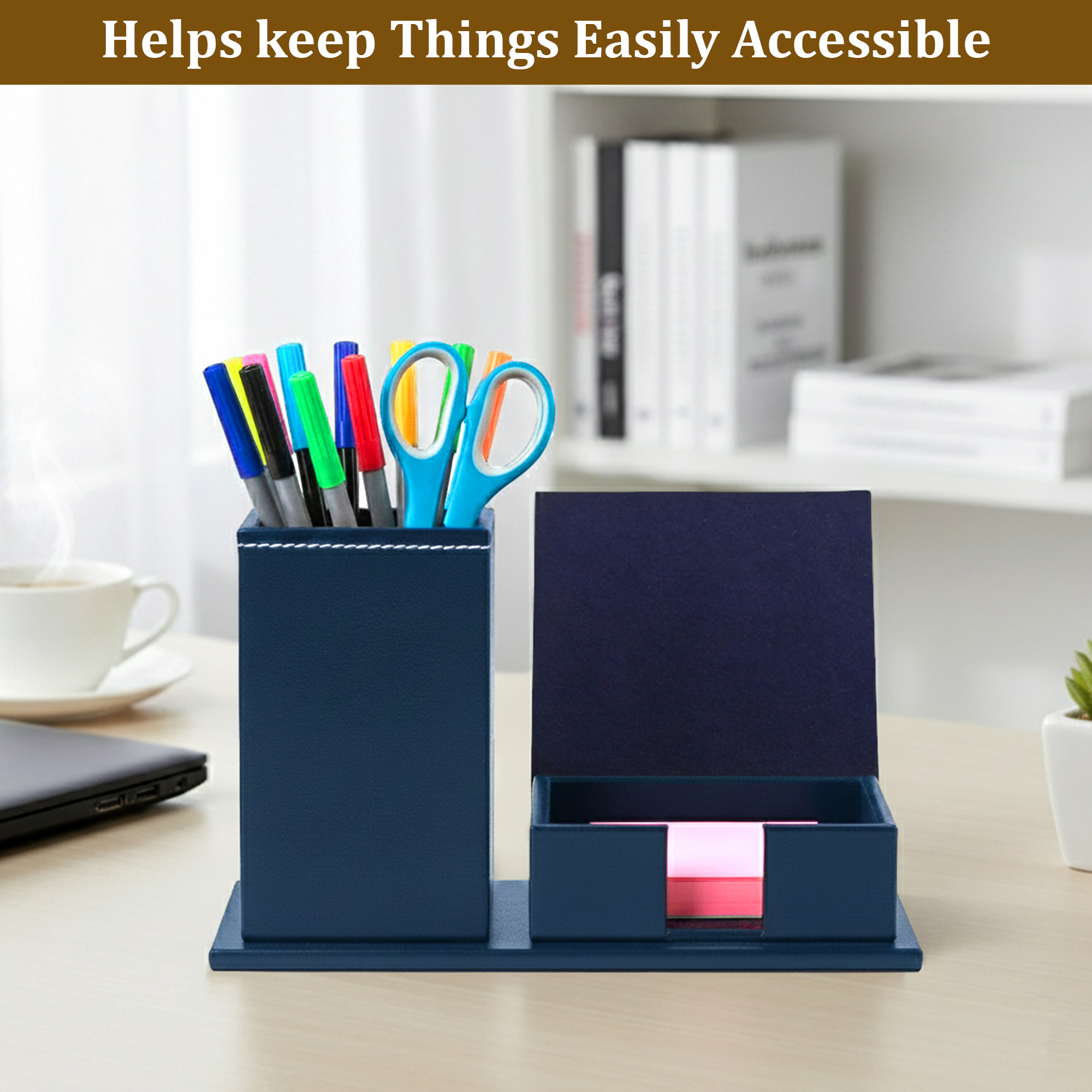 Leather Desk OrganiserPen Stand with Card Holder  Ideal for Visiting CardsWalletSticky Notes  StationeryTable Organizer  Blue