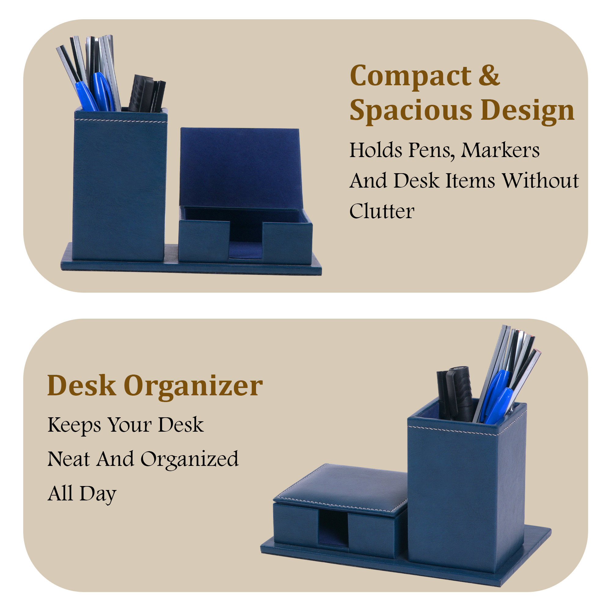 Leather Desk OrganiserPen Stand with Card Holder  Ideal for Visiting CardsWalletSticky Notes  StationeryTable Organizer  Blue