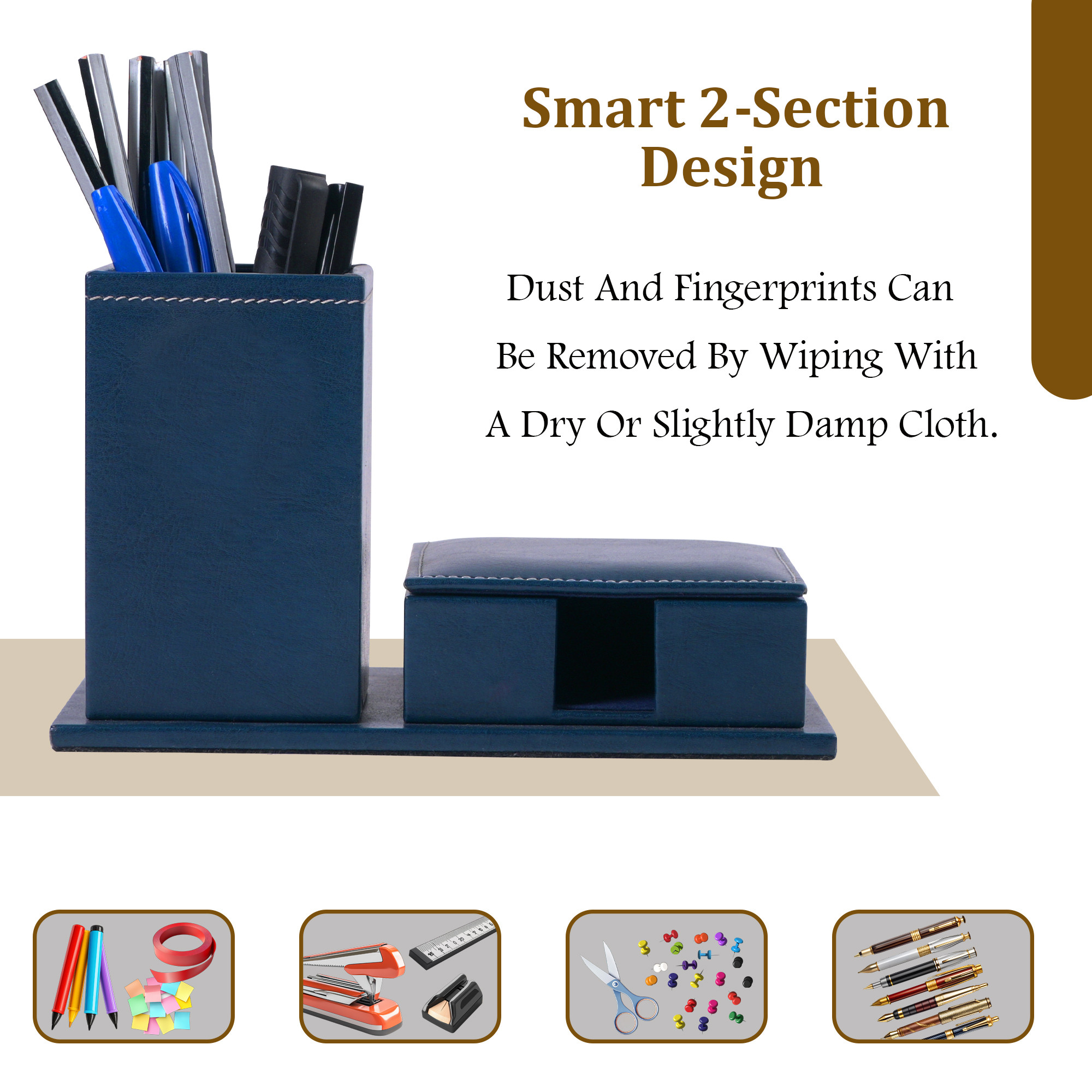 Leather Desk OrganiserPen Stand with Card Holder  Ideal for Visiting CardsWalletSticky Notes  StationeryTable Organizer  Blue