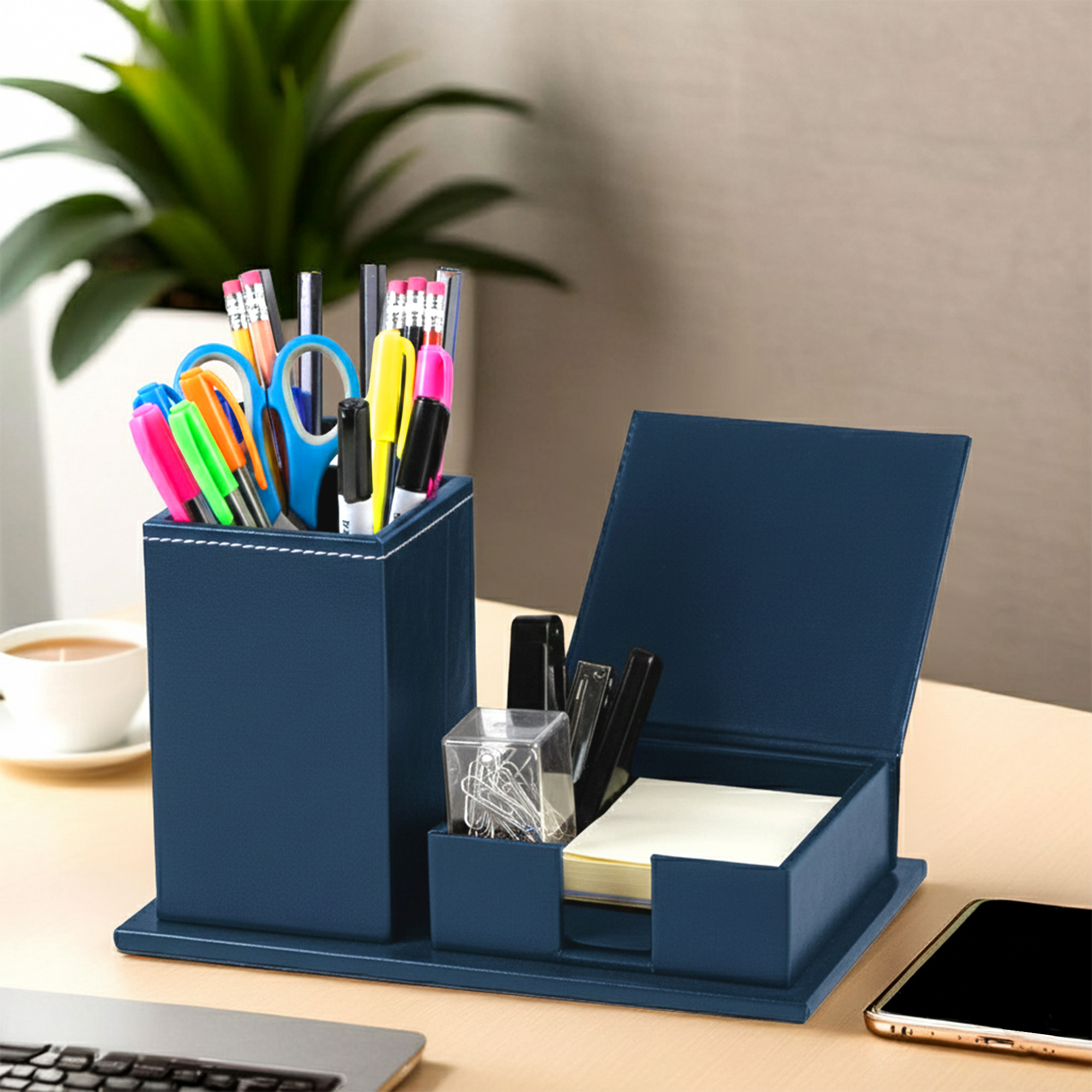 Leather Desk OrganiserPen Stand with Card Holder  Ideal for Visiting CardsWalletSticky Notes  StationeryTable Organizer  Blue