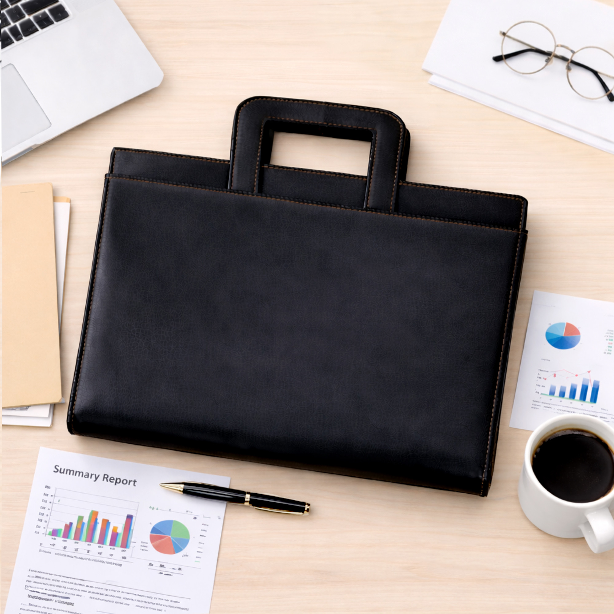 Leather Document File Folder with Handle A4 Certificate HolderTablet Pocket2 Ring Binder with Multiple Card Slots  Black