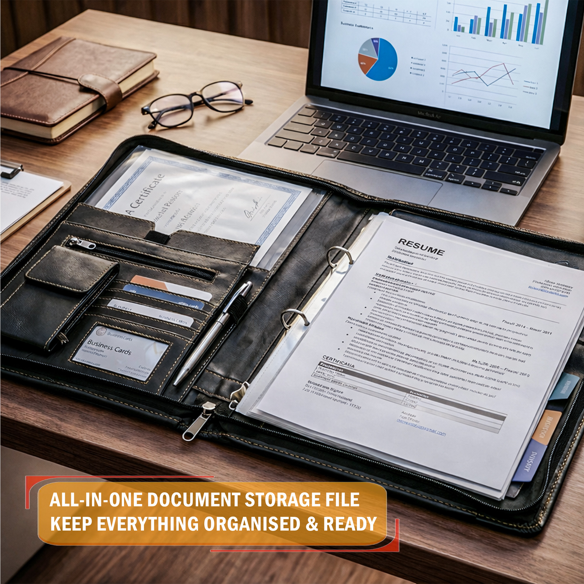 Leather Document File Folder with Handle A4 Certificate HolderTablet Pocket2 Ring Binder with Multiple Card Slots  Black