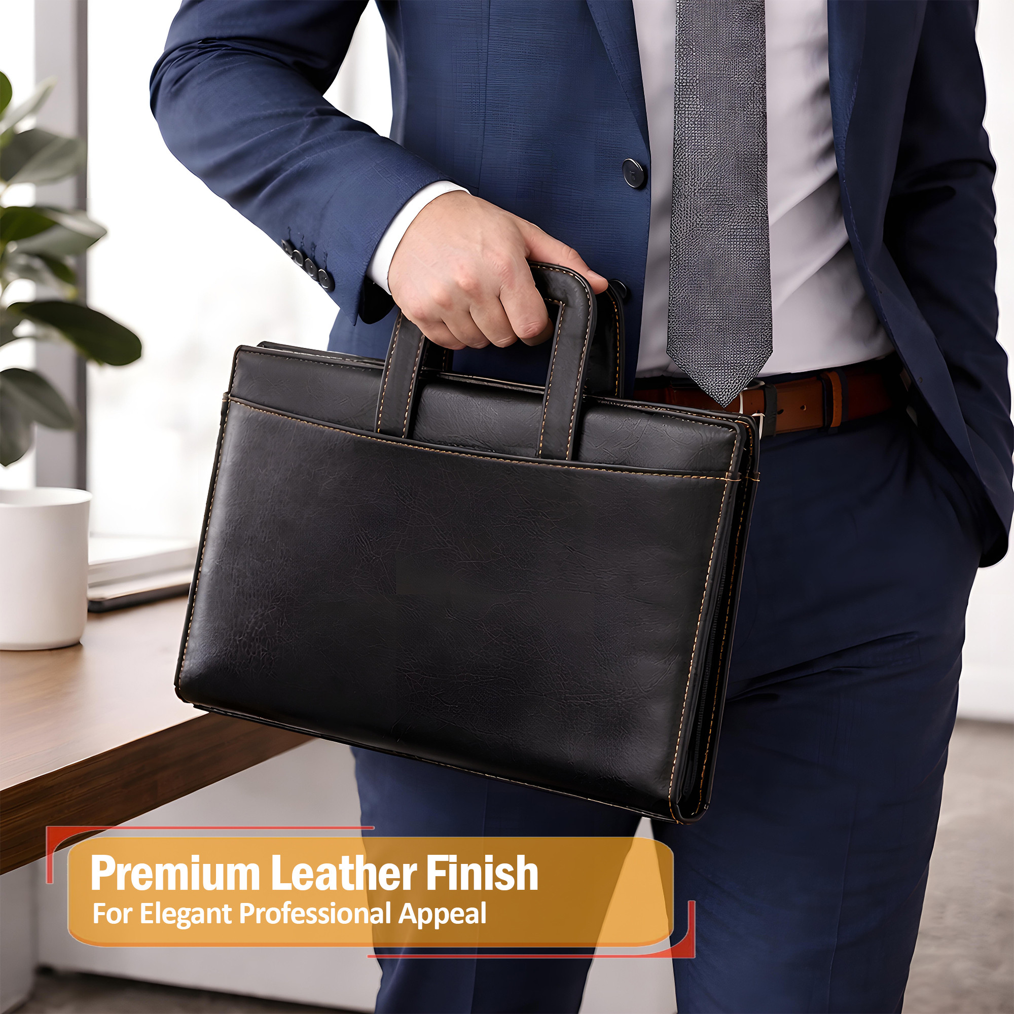 Leather Document File Folder with Handle A4 Certificate HolderTablet Pocket2 Ring Binder with Multiple Card Slots  Black