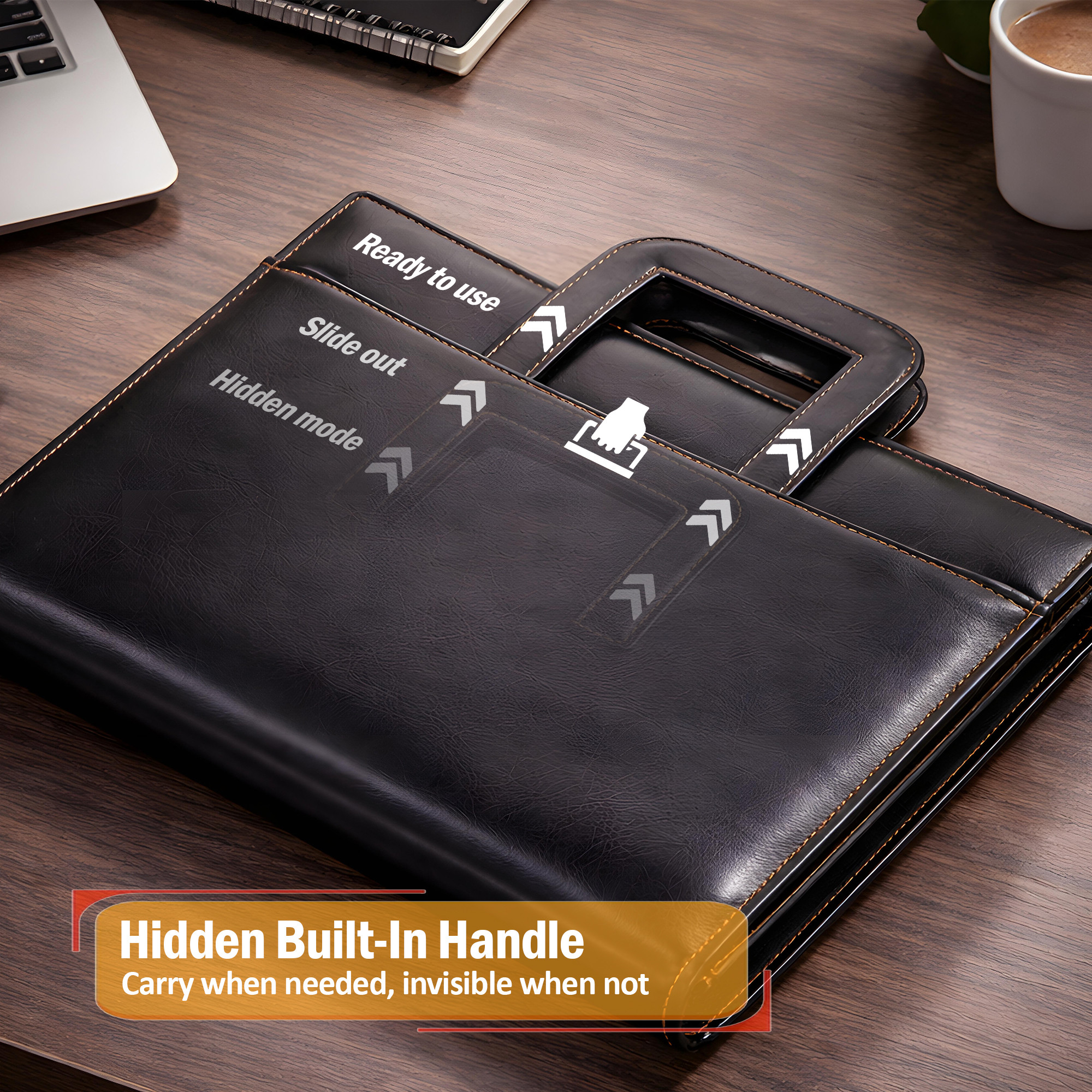 Leather Document File Folder with Handle A4 Certificate HolderTablet Pocket2 Ring Binder with Multiple Card Slots  Black