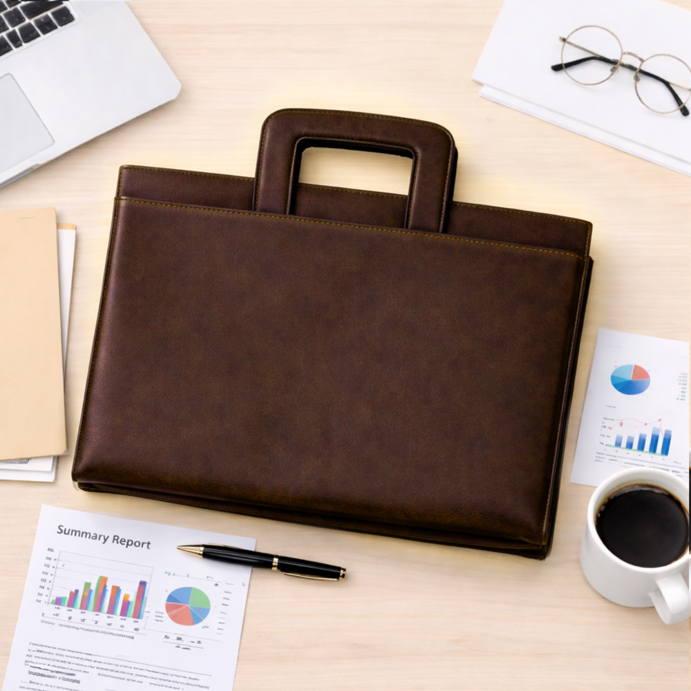 Image of Leather Document File Folder with Handle| A4 Certificate Holder/Tablet Pocket/2 Ring Binder with Multiple Card Slots | Dark Brown