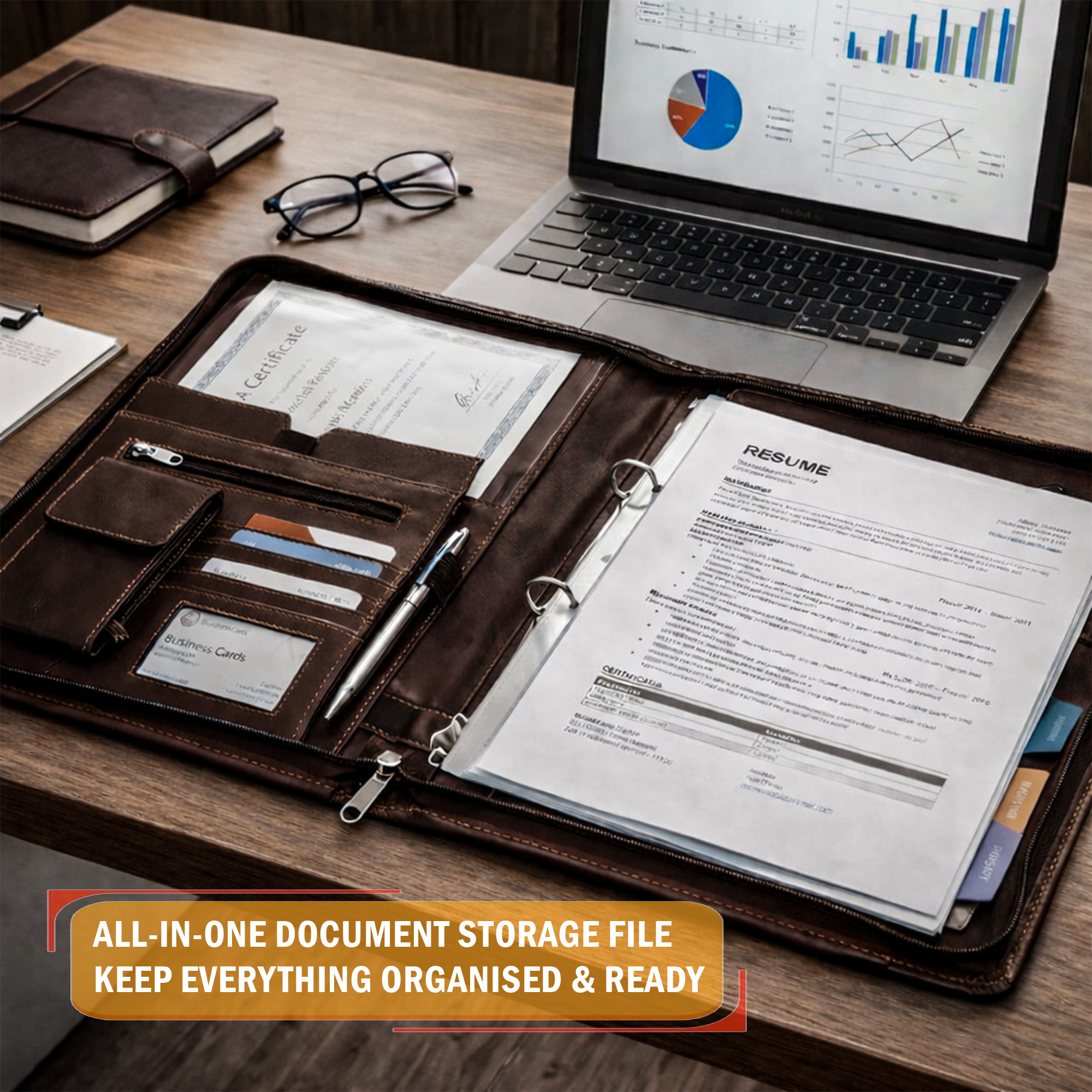 Leather Document File Folder with Handle A4 Certificate HolderTablet Pocket2 Ring Binder with Multiple Card Slots  Dark Brown