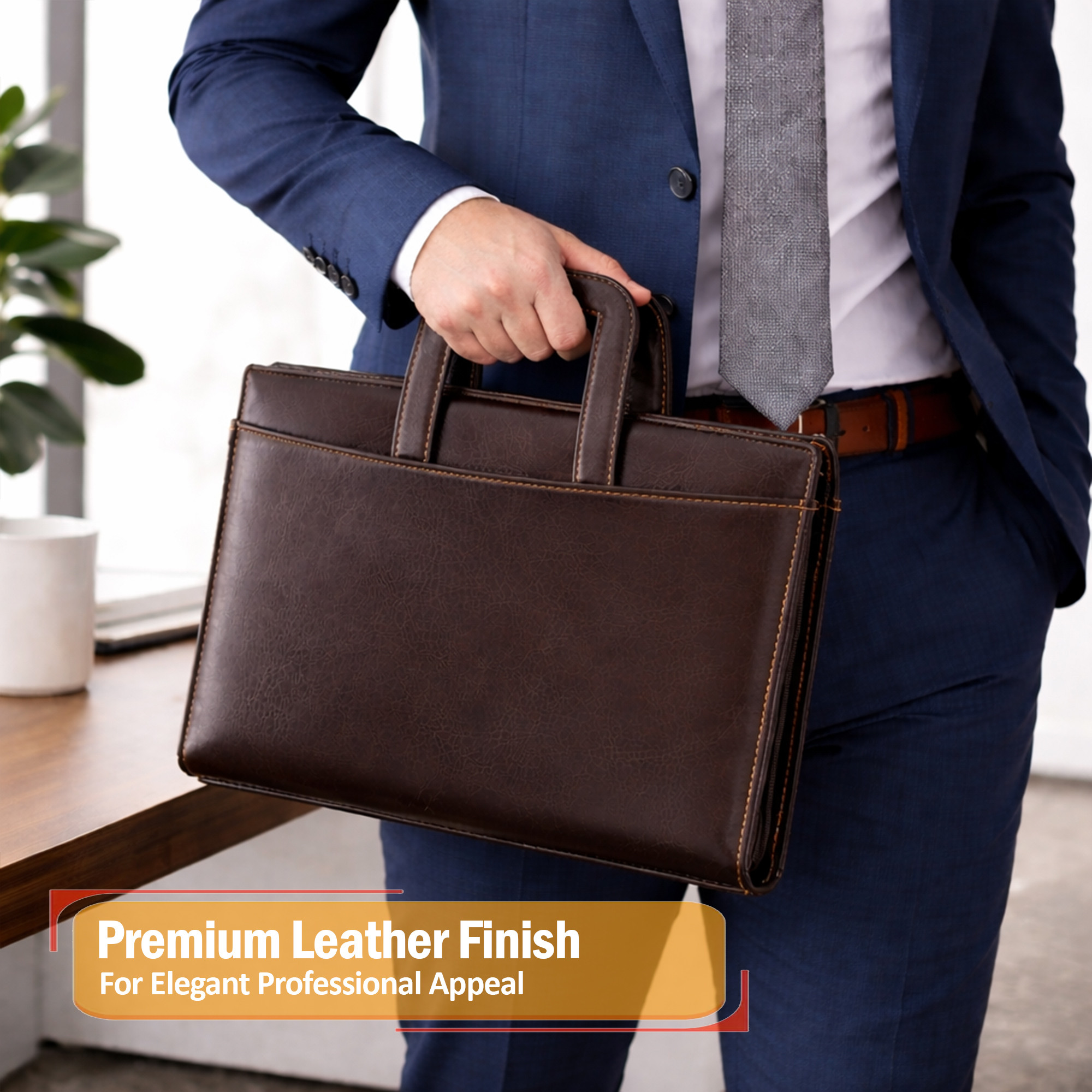 Leather Document File Folder with Handle A4 Certificate HolderTablet Pocket2 Ring Binder with Multiple Card Slots  Dark Brown